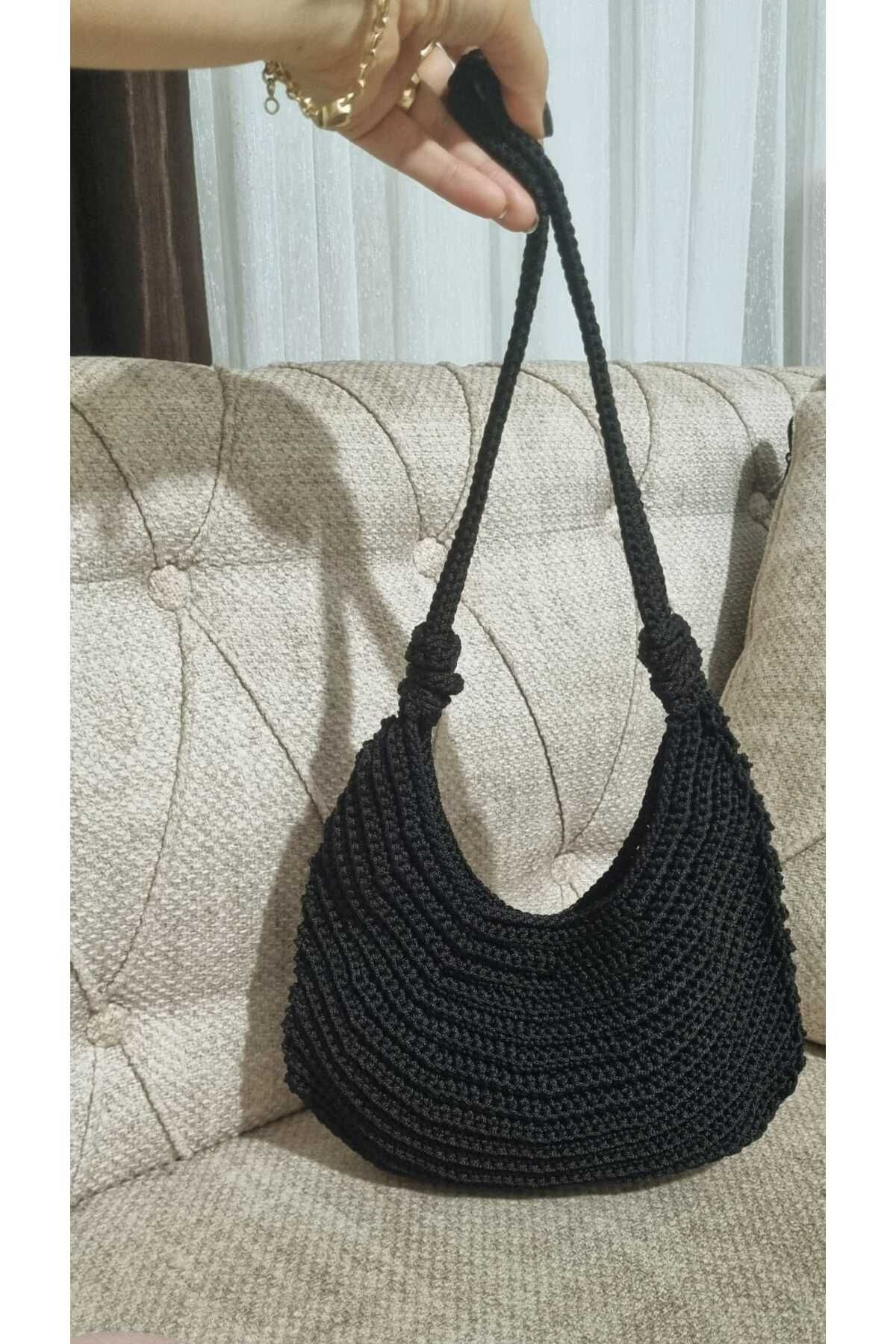 Portanda El Yapımı Örme Kısa Saplı Makrome İp Omuz Çantası/Siyah
