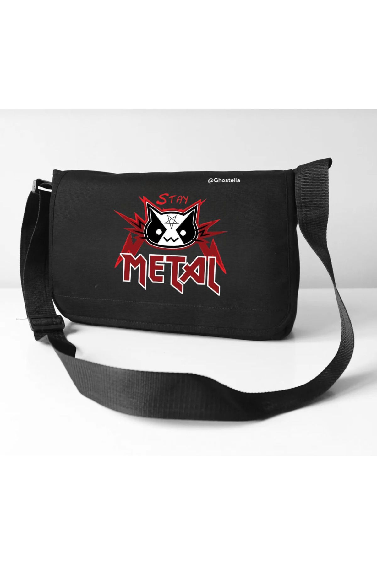 Minga London Siyah Stay Metal Baskılı Okul, Kurs, Dershane Postacı Çantası - Ghostella