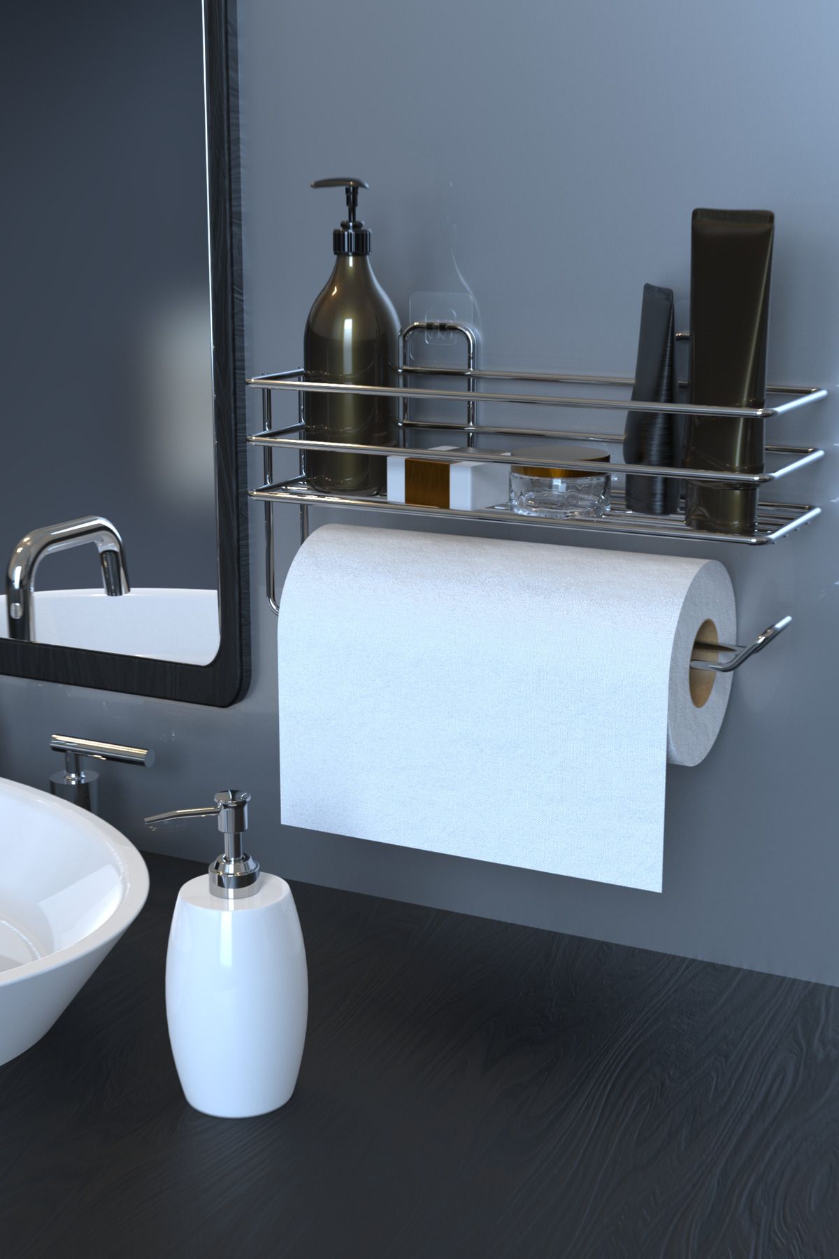 Alper Banyo Krom Yapışkanlı Raflı Kağıt Rulo Havluluk Peçetelik Havlu Kağıltlık Banyo Mutfak Düzenleyici