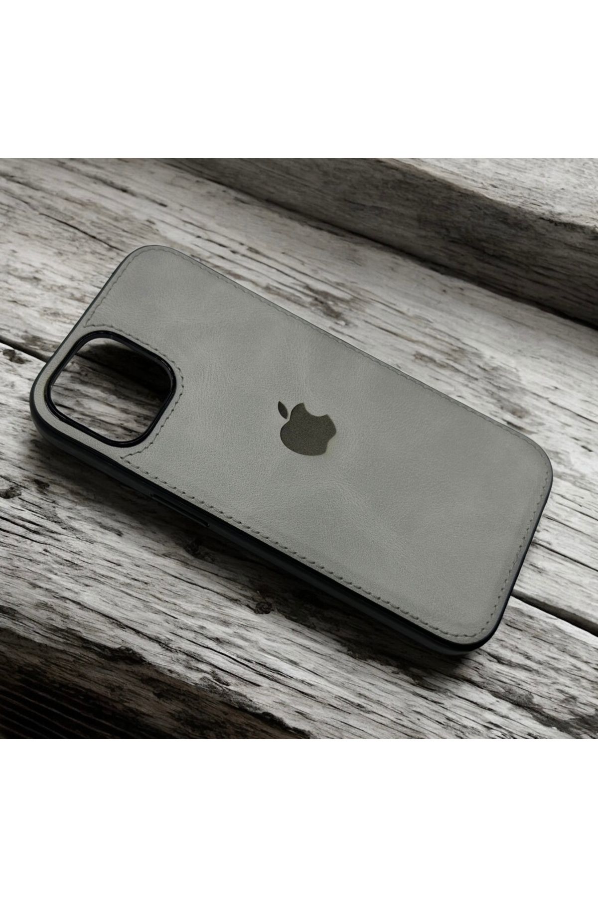 shop İPhone 15 Uyumlu Deri Logolu Gri Kılıf