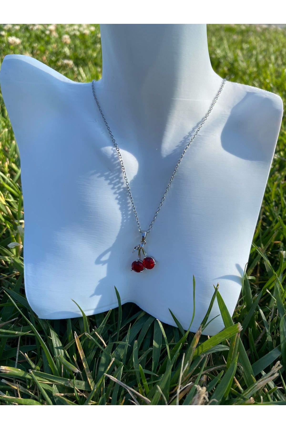 asem jewelry KIRMIZI TAŞLI KİRAZ DETAYLI ÇELİK KOLYE