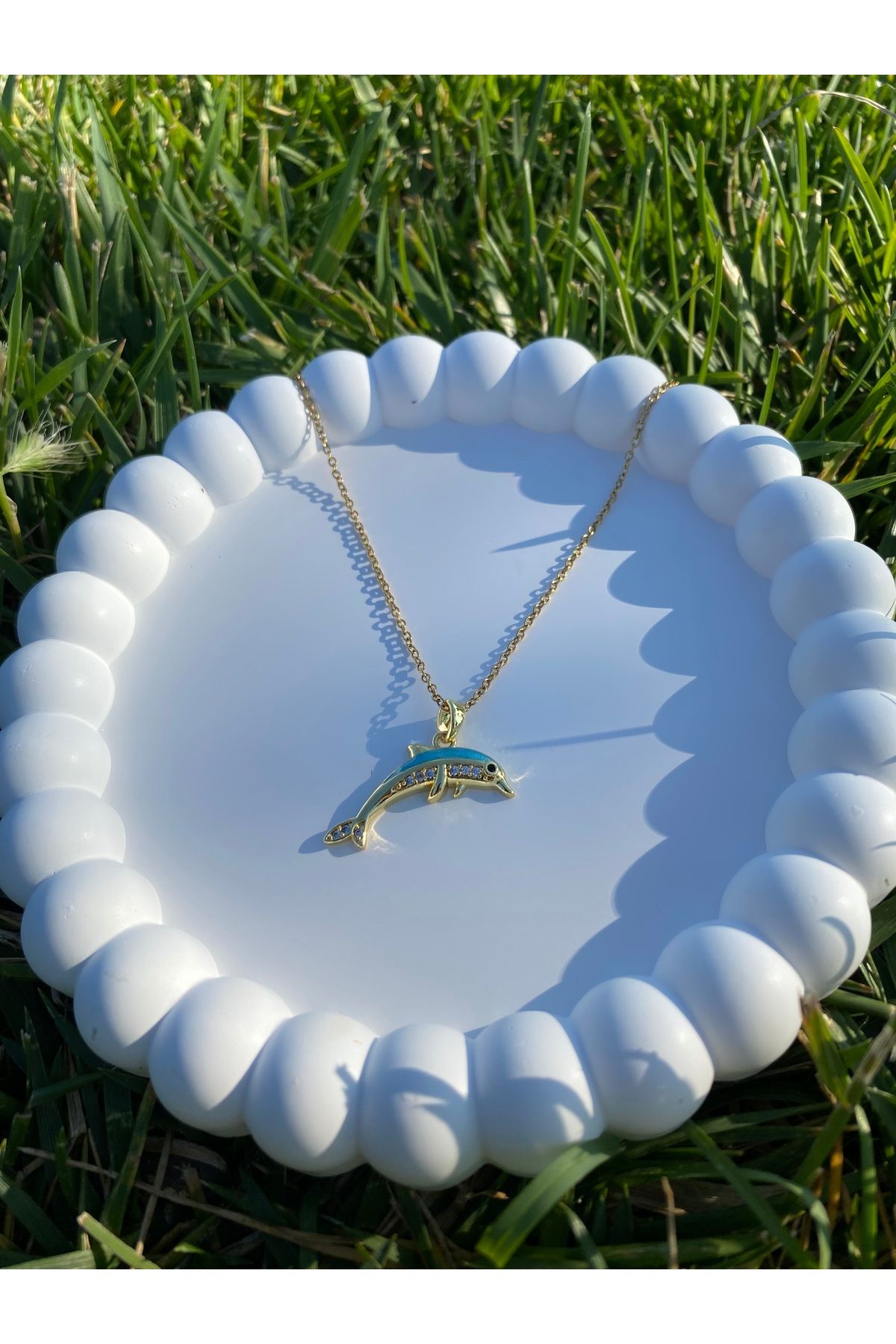 asem jewelry TURKUAZ DETAYLI GOLD YUNUS BALIĞI ÇELİK KOLYE