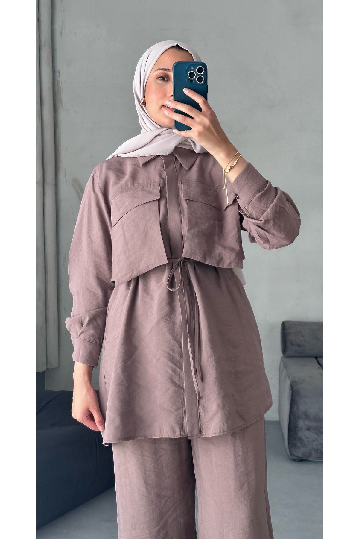 MODA Tesettüe Körük Cepli Pamuk Gömlek Pantalonlu Takım