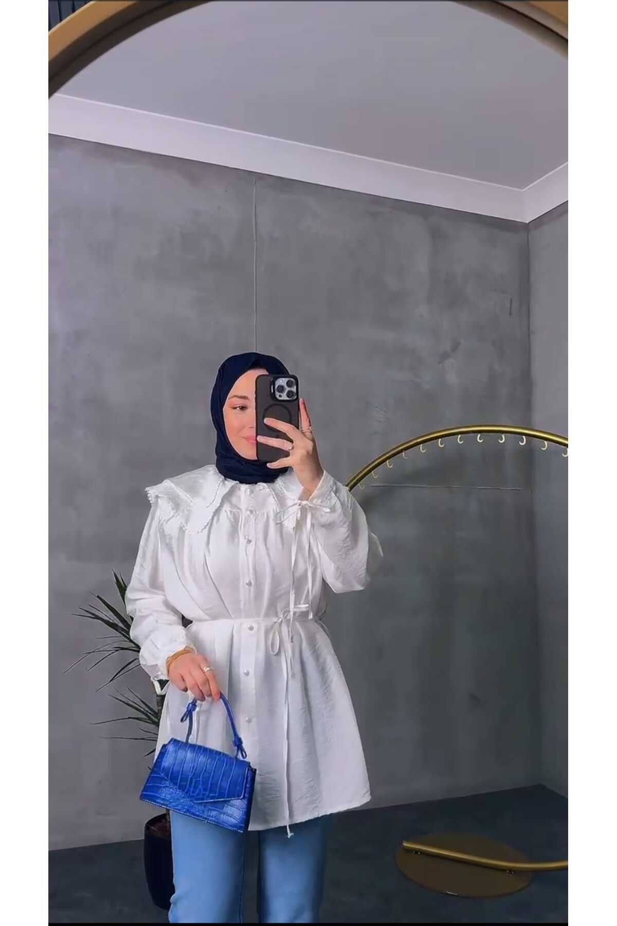 QUAWEAR Fistolu Yaka Beli Ve Kolu Bağcıklı Gömlek Tunik