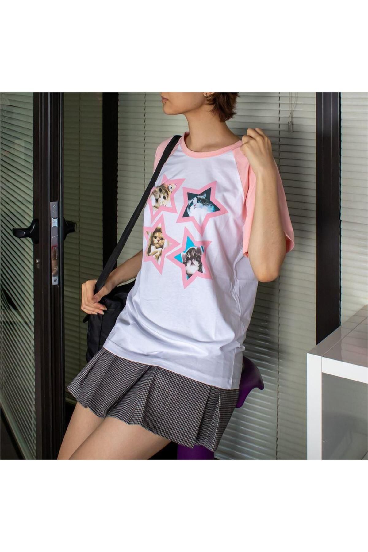 BALİNA Pembe Kollu Beyaz Raglan All Star Cats (UNİSEX) T-shirt THE SOLO