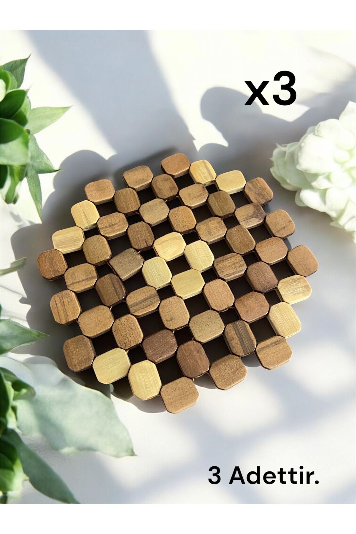 Trend Home Life 3 Adet Nihale Çaydanlık Altı Ahşap Boncuk Nihale 20x20 cm