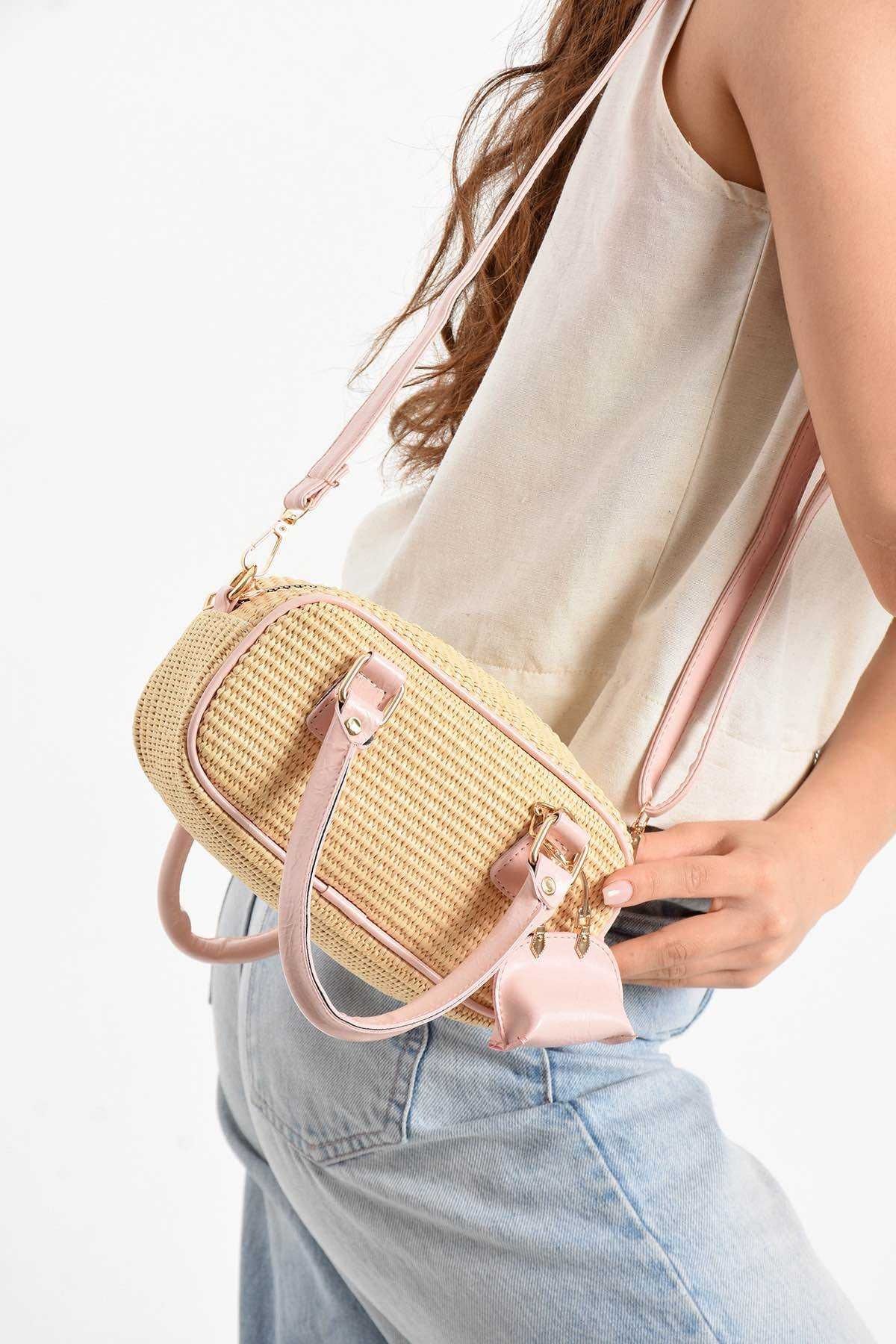 Assia Atelier Charm Hediyeli Kadın Hasır Çapraz ve El Çantası Deri Saplı Yazlık Omuz Çanta Mini Model