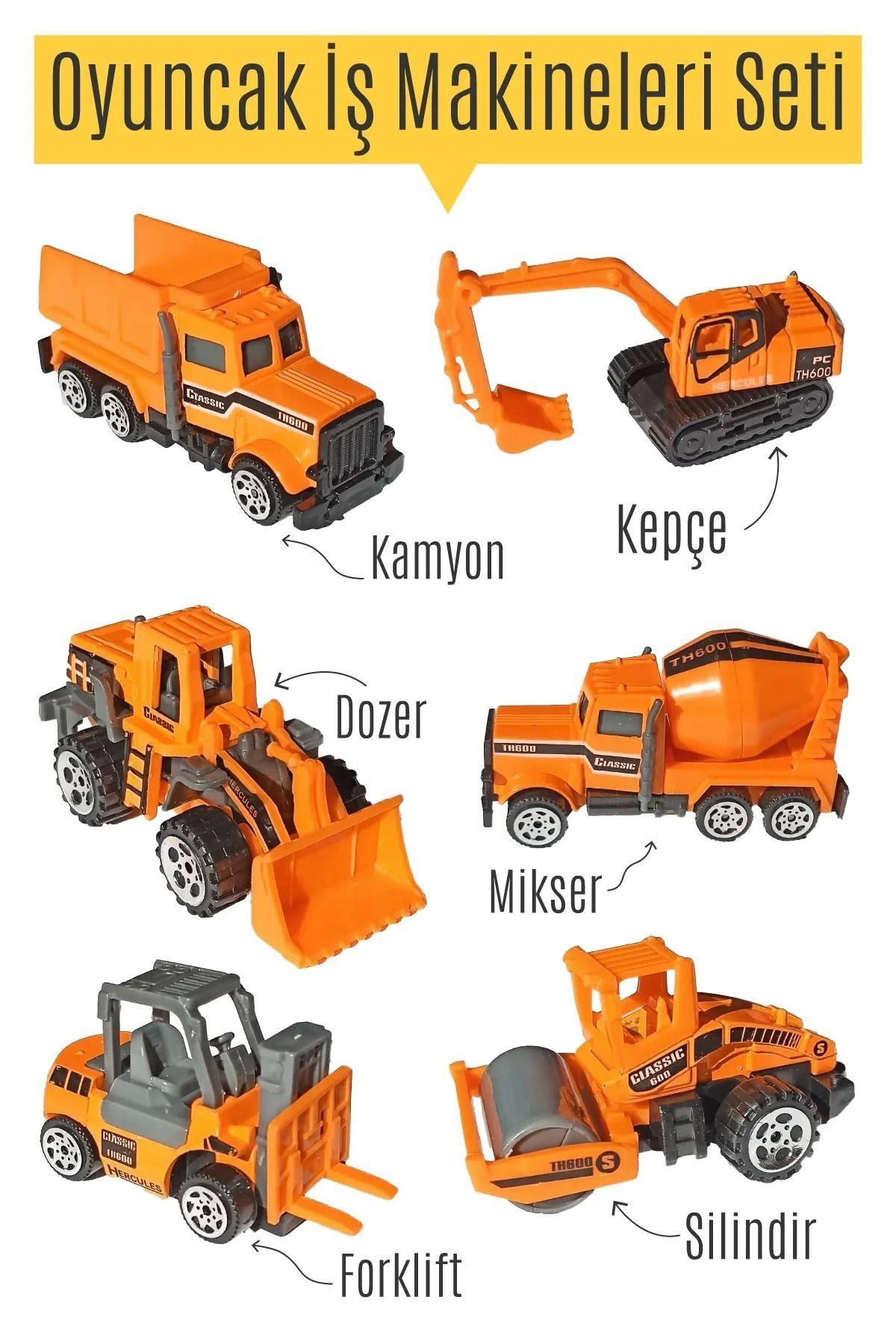 costurera Metal İnşaat Araç Seti 6 Parça Beton Mikseri Kepçe Forklift Yol Düzleyici Kamyon