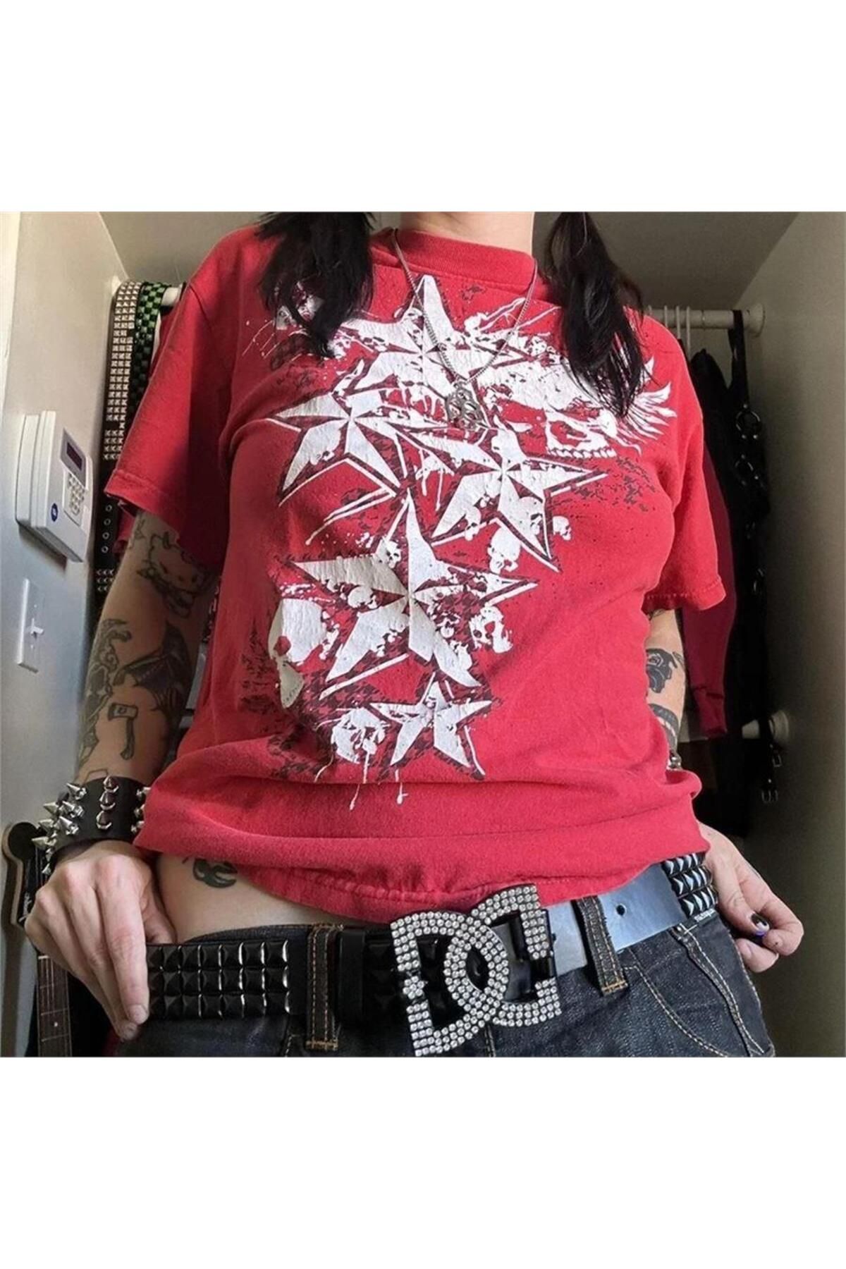 BALİNA Kırmızı Cyber Grunge Vintage Star T-shirt THE SOLO