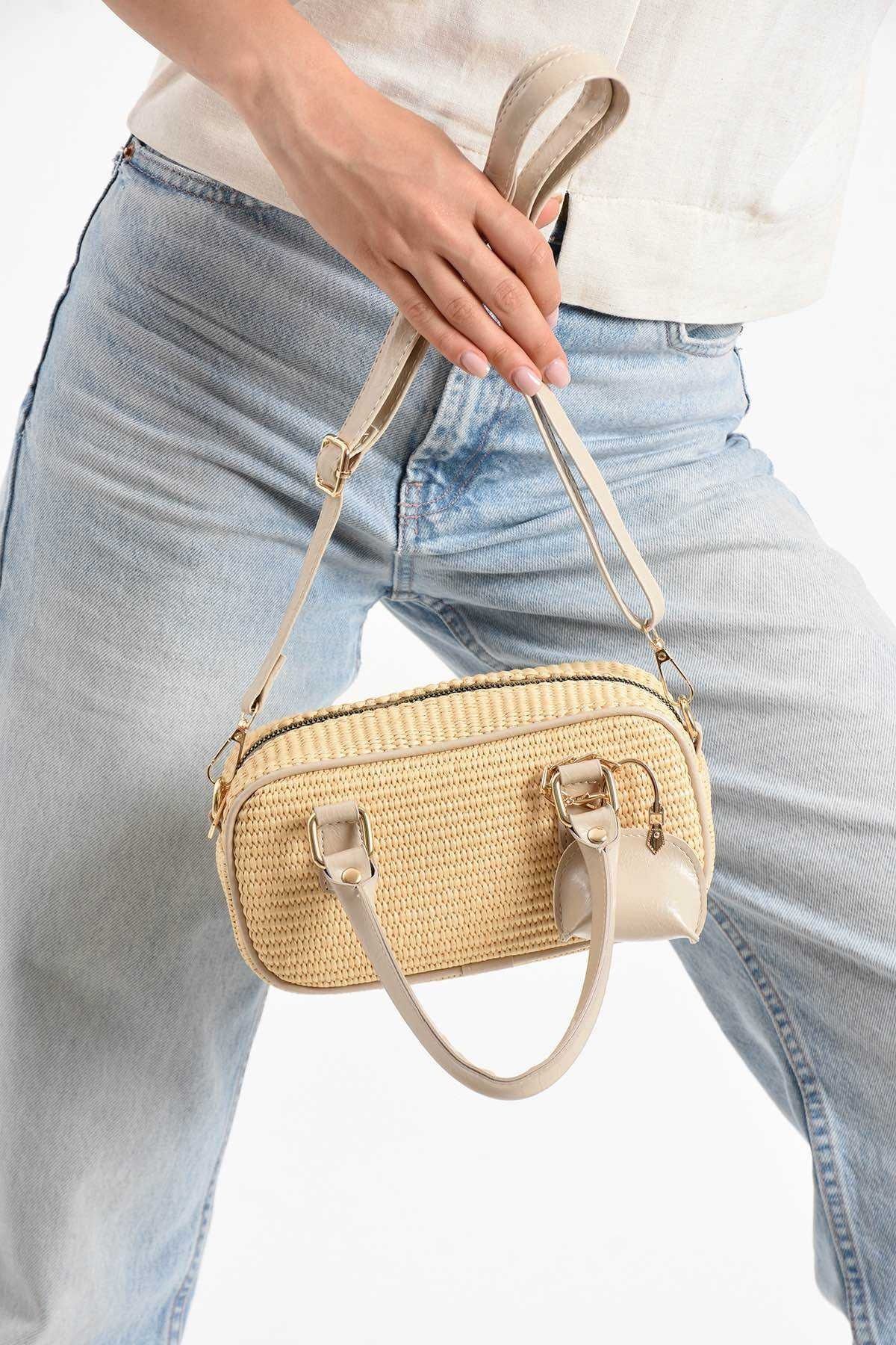 Assia Atelier Charm Hediyeli Kadın Hasır Çapraz ve El Çantası Deri Saplı Yazlık Omuz Çanta Mini Model