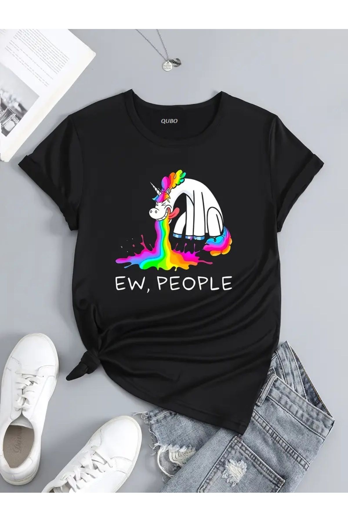 qubo sportswear & company qubo Unisex Oversize Baskılı Pamuklu Bisiklet Yaka Kısa Kollu SİYAH T-shirt