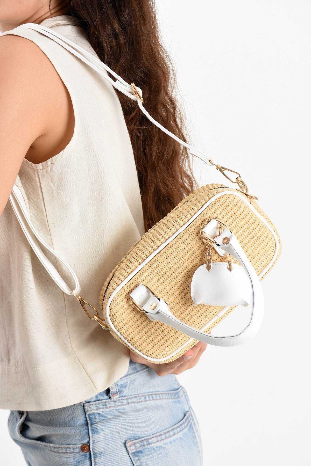Assia Atelier Charm Hediyeli Kadın Hasır Çapraz ve El Çantası Deri Saplı Yazlık Omuz Çanta Mini Model