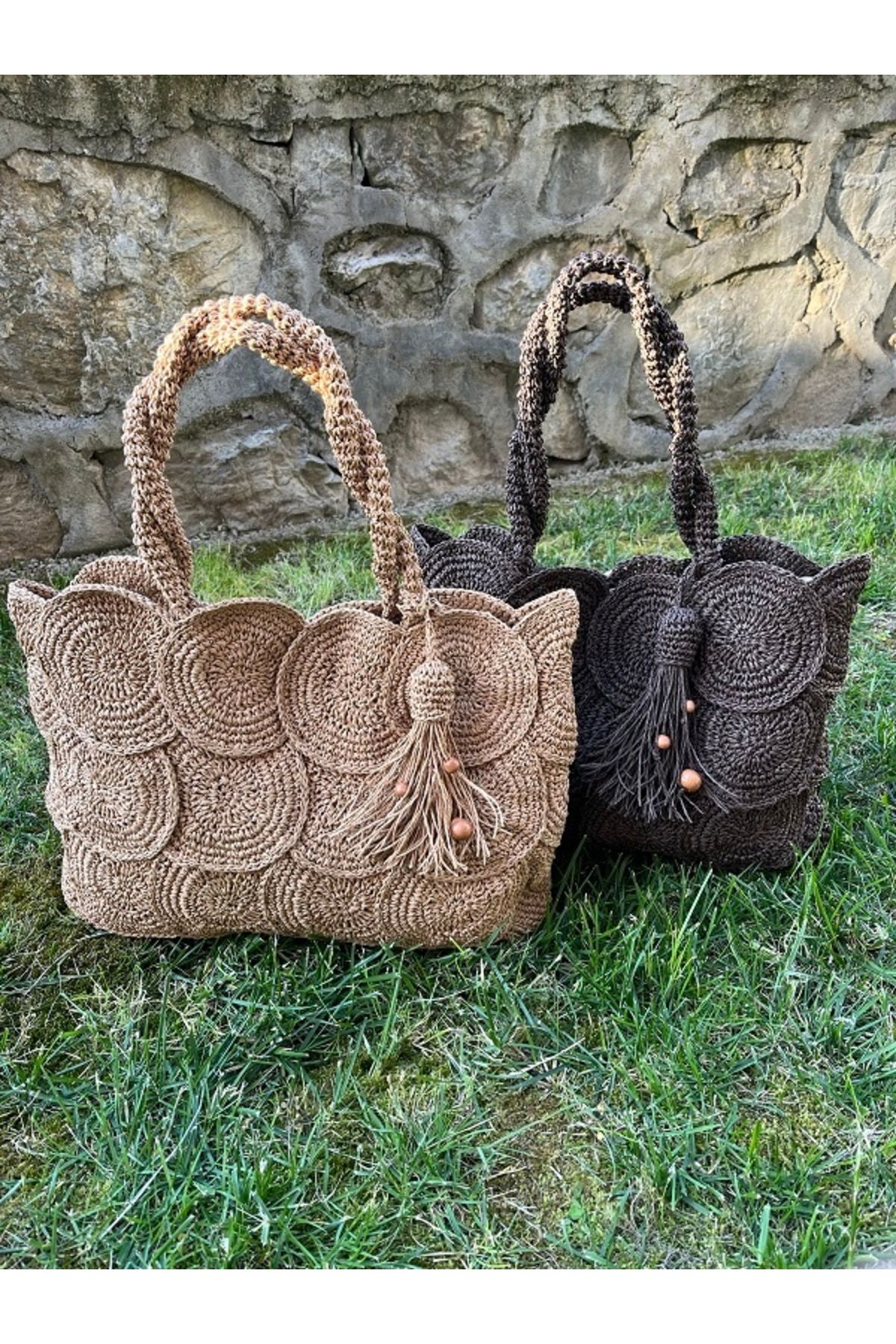 MSS ATALIER KADIN ÖRGÜ YUVARLAK MOTİF, HASIR, TOTE KROŞE SHOPPER EL OMUZ ÇANTASI,GÜNLÜK GECE PLAJ,ASTARLI