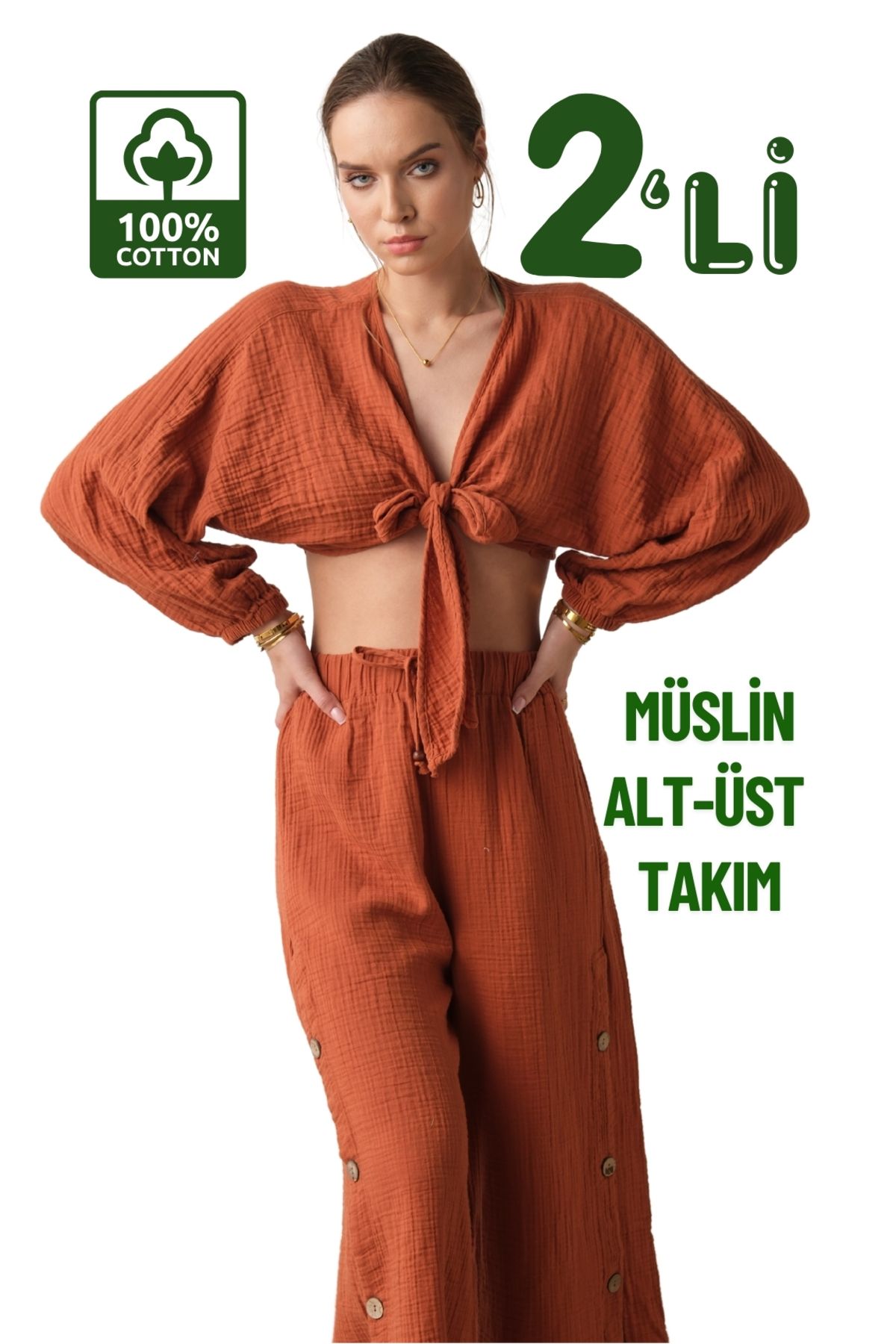 clavia Müslin Pantolon, Crop Büstiyer Alt-üst Yazlık İkili Takım, Rahat Kalıp Bol Paça Yüksel Bel Pantolon