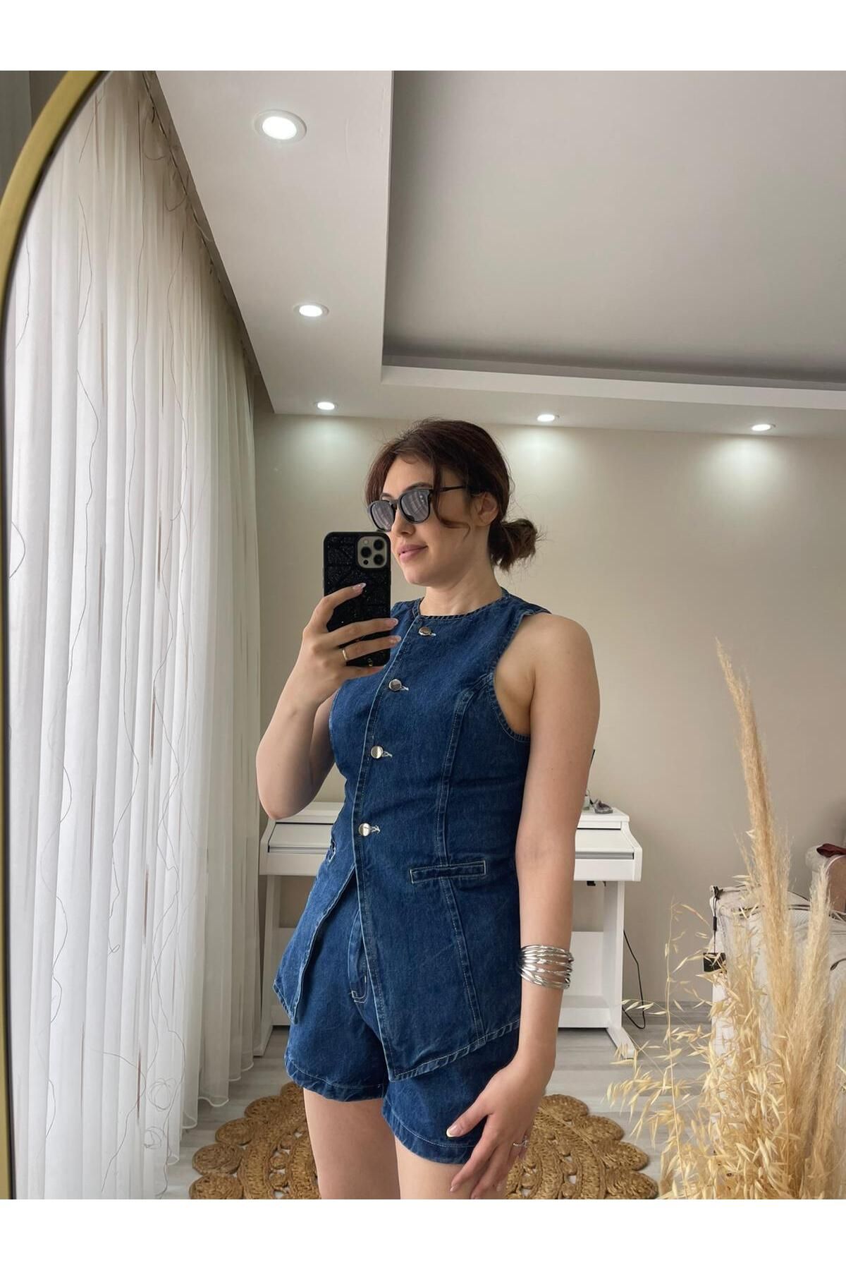 MODA LUNEANDCO Mona Denim Mavi jean Yelekli Şort Takım