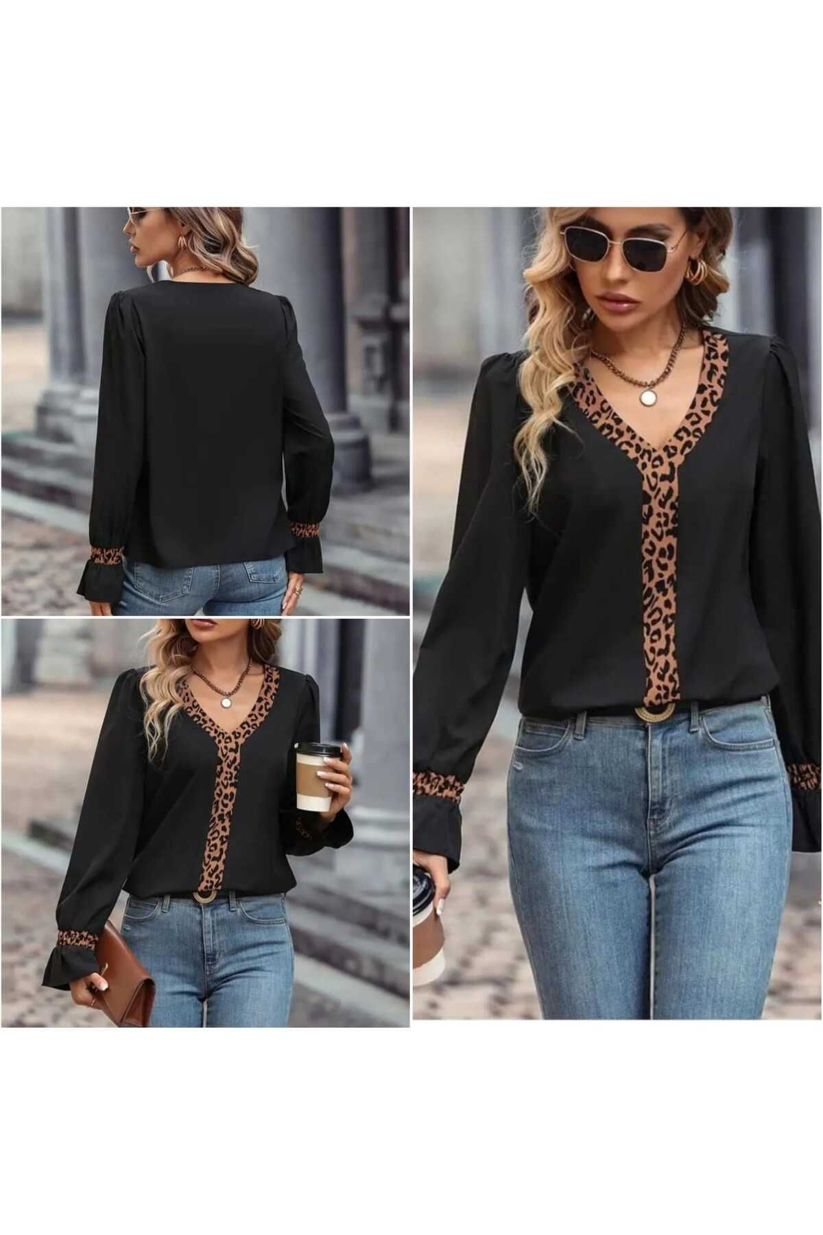 CANDYSBEBE KADINLAR İÇİN ÇOK ŞIK LEOPAR DETAYLI SİYAH BLUZ...