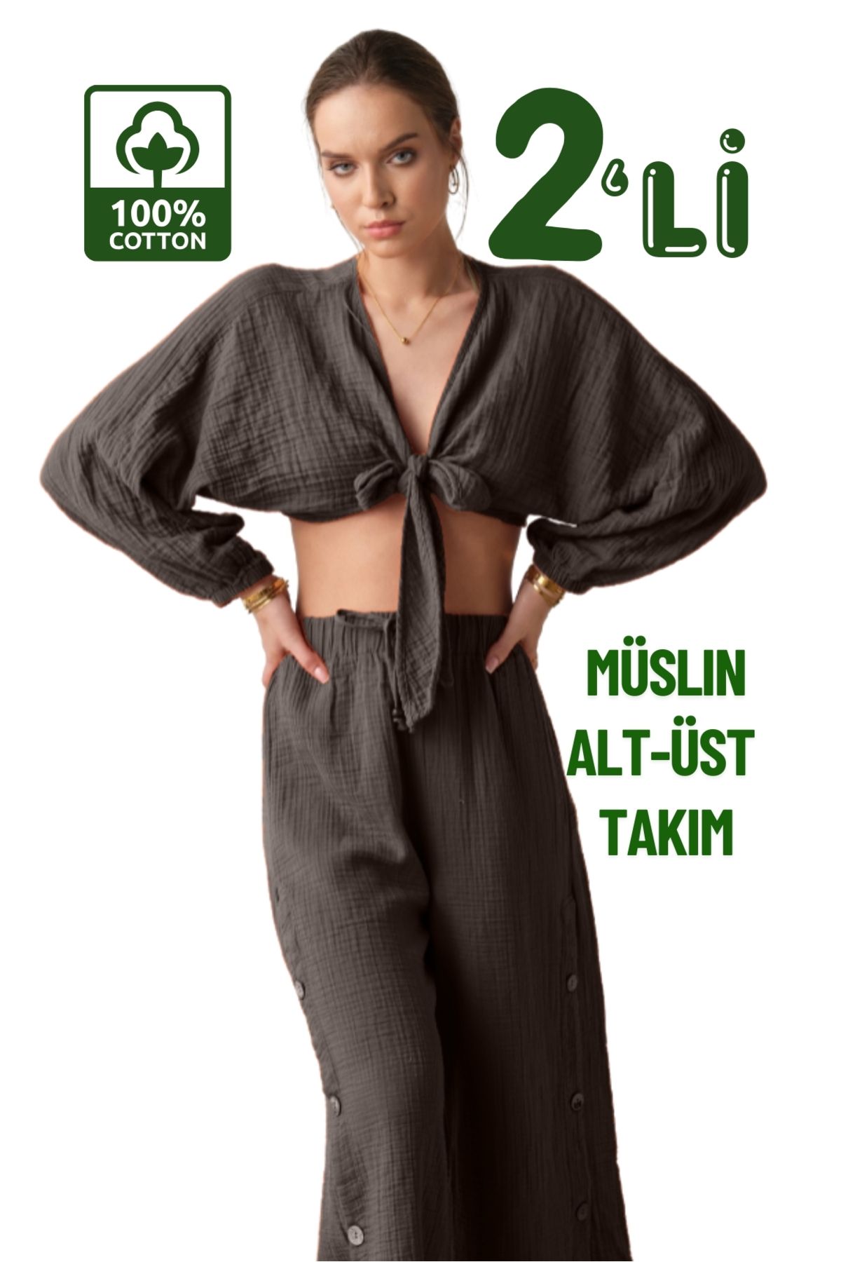 clavia Müslin Pantolon, Crop Büstiyer Alt-üst Yazlık İkili Takım, Rahat Kalıp Bol Paça Yüksel Bel Pantolon