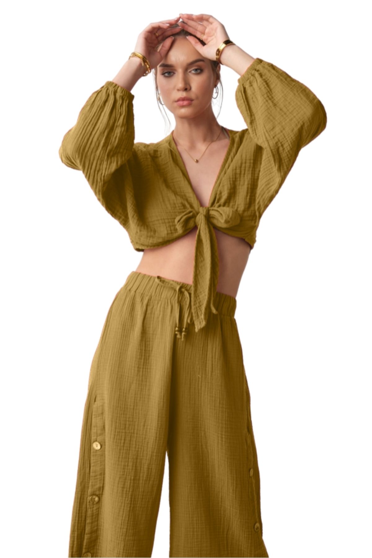 clavia Müslin Büstiyer, Önden Bağlama Detaylı Rahat, Geniş Fit Crop Büstiyer,