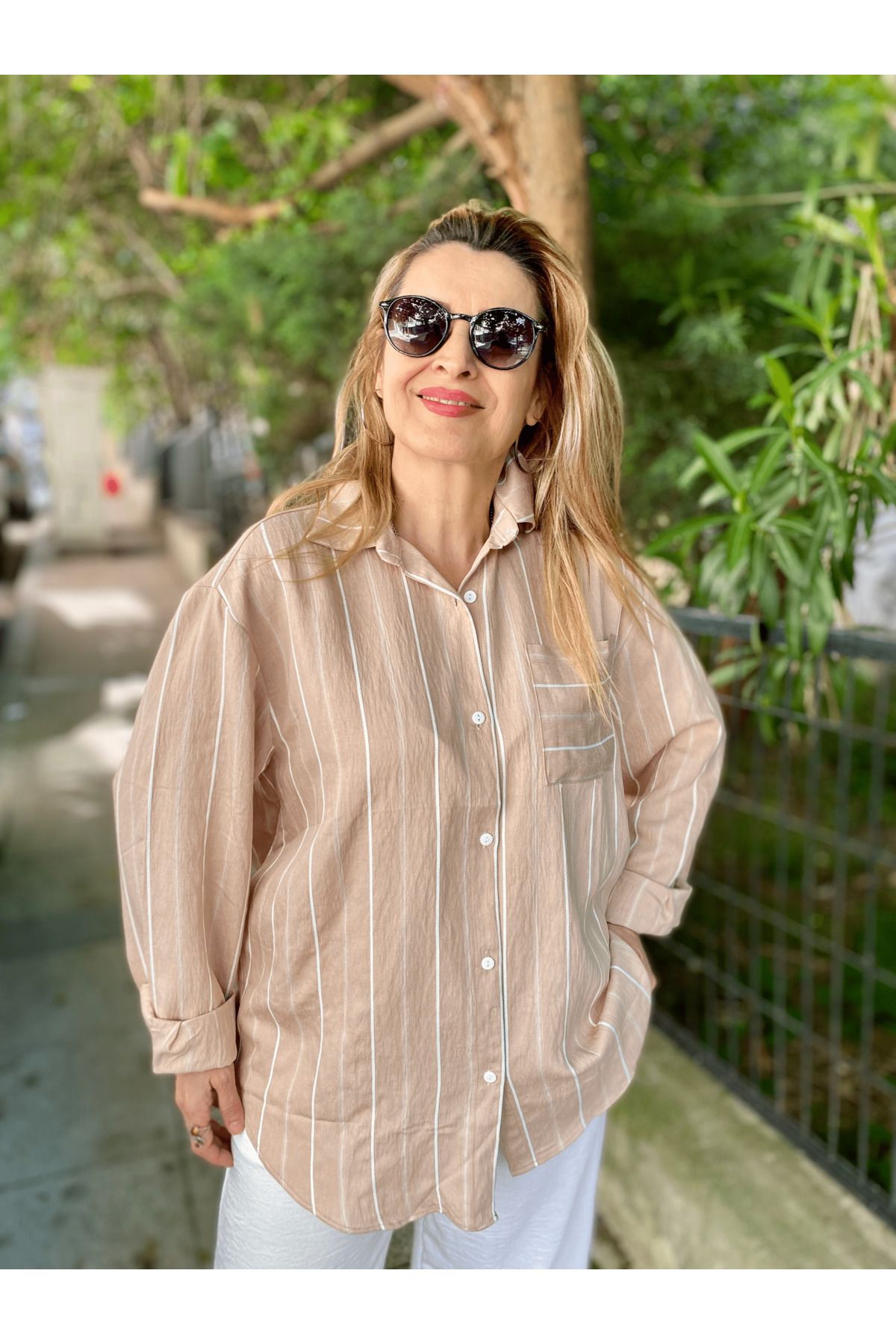 MAABMODA Kadın BEJ Beyaz Çizgili Gömlek