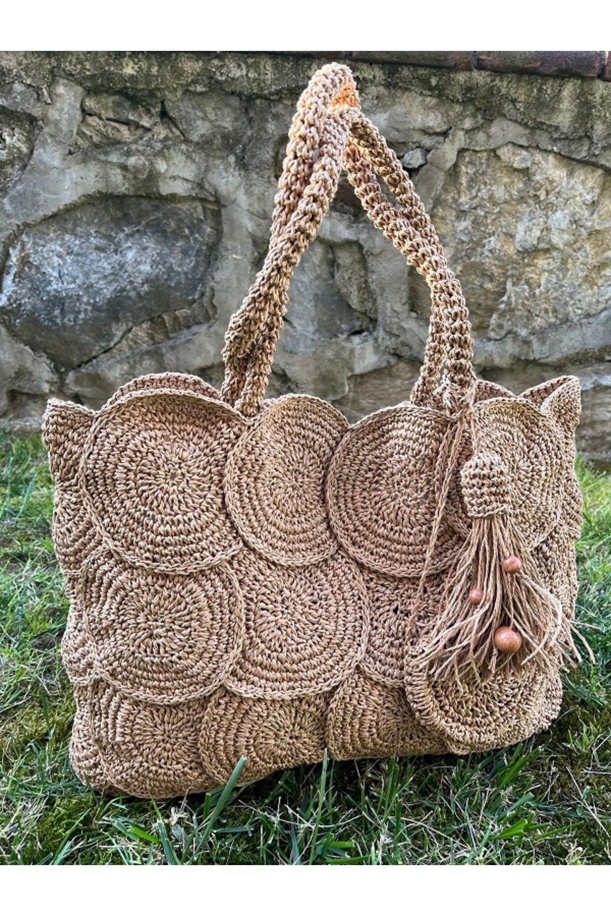 MSS ATALIER KADIN ÖRGÜ YUVARLAK MOTİF, HASIR, TOTE KROŞE SHOPPER EL OMUZ ÇANTASI,GÜNLÜK GECE PLAJ,ASTARLI