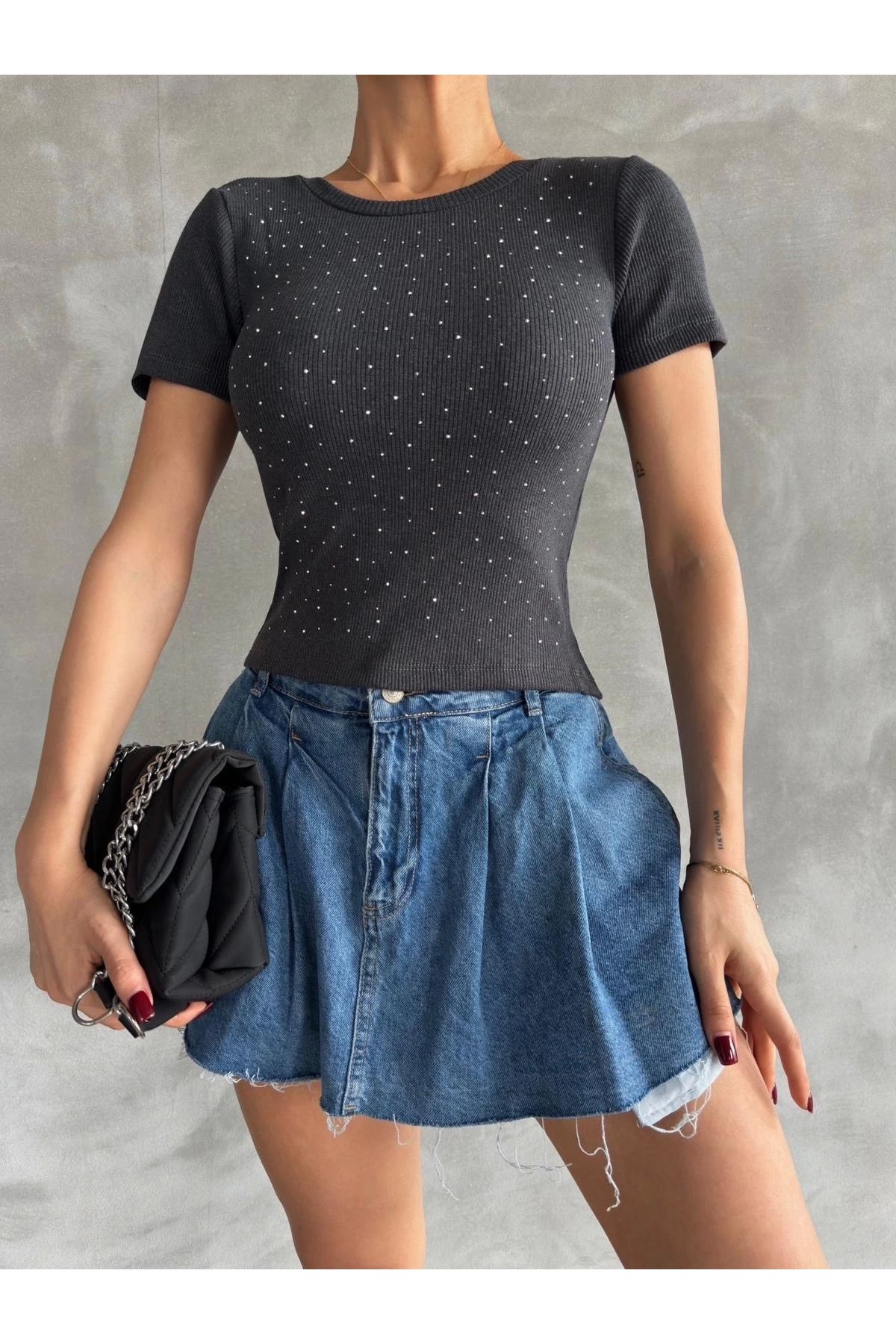 ufukmoda Önü taşlı antrasit bluz s3512