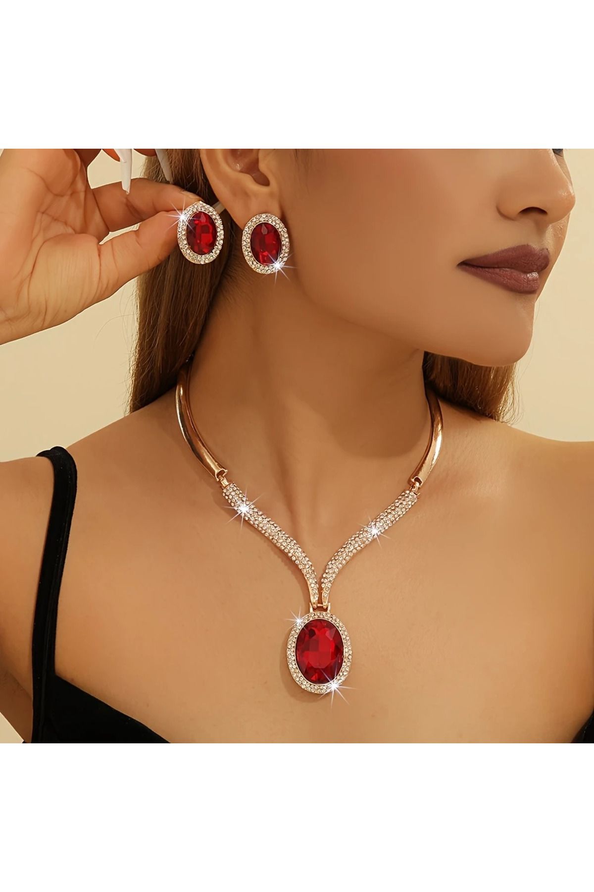Redhead Parlak Kırmızı Büyük Oval Taşlı Kolye Küpe Set