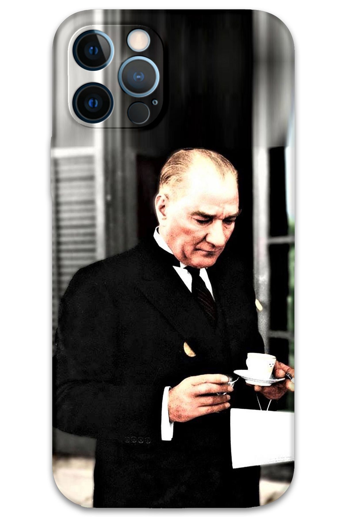 Gramaphone iPhone 12 Pro Uyumlu Atatürk Desenli Telefon Kılıfı + Ekran Koruyucu - 5850