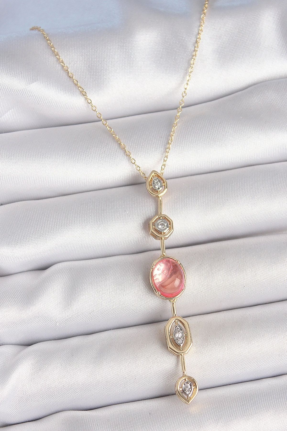 luz&pos Pirinç Zincir Pembe Gold Renk Zirkon Taşlı Y Kolye