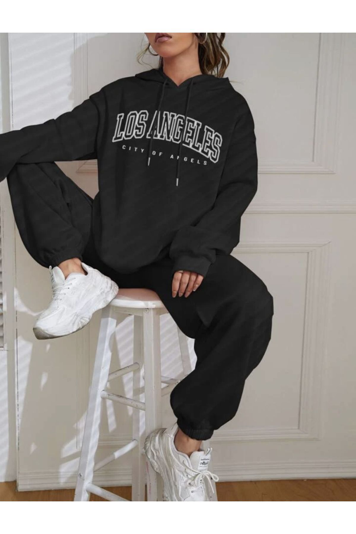 FoxSkin Sportswear&Company Siyah Los Angeles Baskılı Oversize kapüşonlu alt üst eşofman takımı Lastik Paça