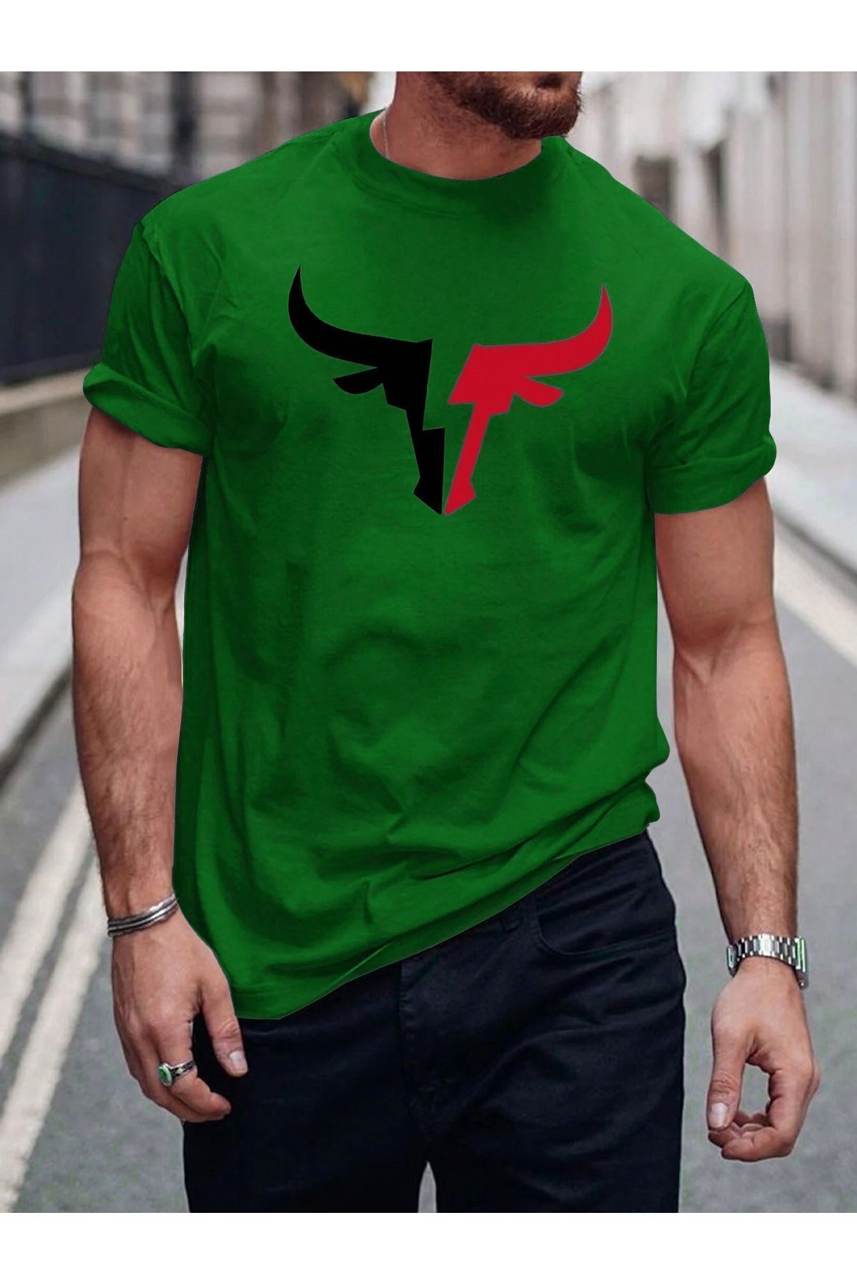 FoxSkin Sportswear&Company Boynuz Tişört - Nefti Yeşil Baskılı Oversize Yazlık Kısa Kol T-Shirt Bisiklet Yaka