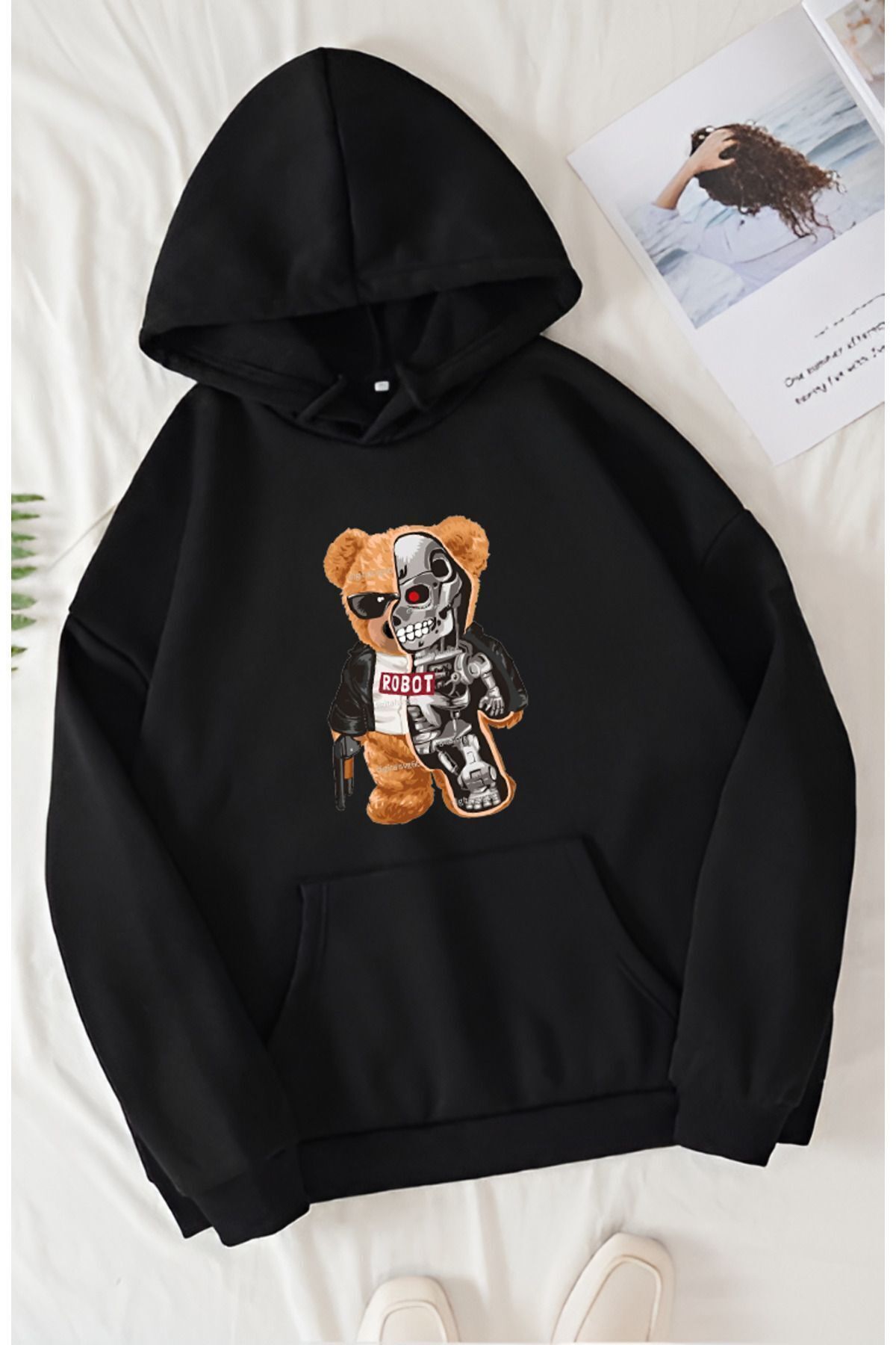 FoxSkin Sportswear&Company UNISEX ROBOT AYI Baskılı Kapüşonlu Oversıze Sweatshirt Hoodie