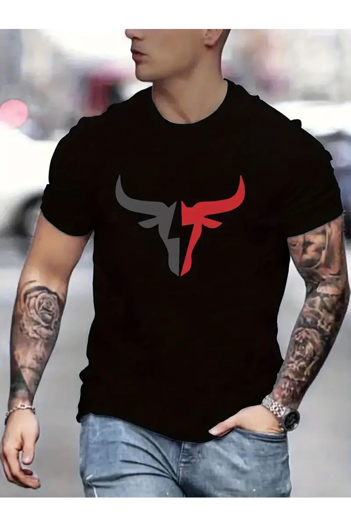 FoxSkin Sportswear&Company Boynuz Tasarım Tişört - Siyah Baskılı Oversize Yazlık Kısa Kol T-Shirt Bisiklet Yaka