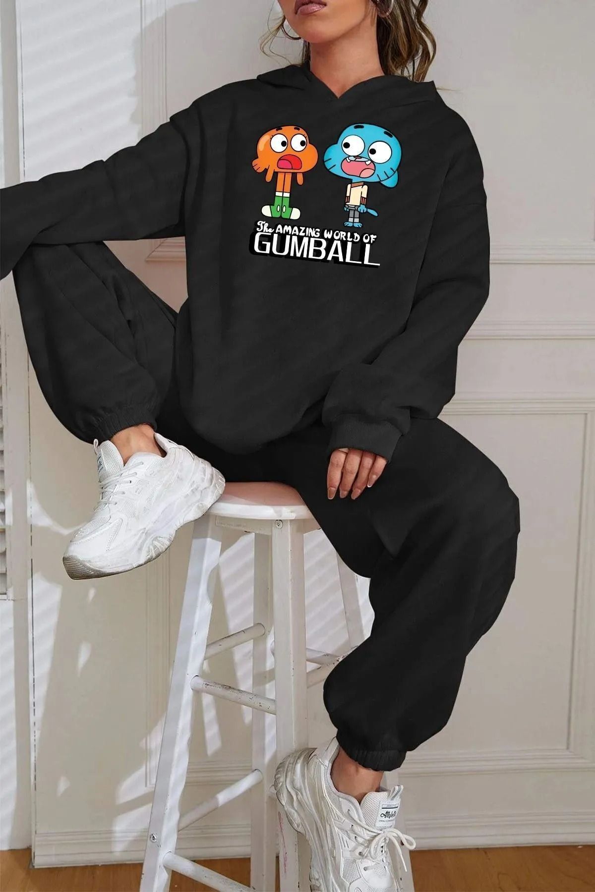 FoxSkin Sportswear&Company Siyah Gumball Baskılı Kapüşonlu Alt Üst Eşofman Takımı Lastik Paça