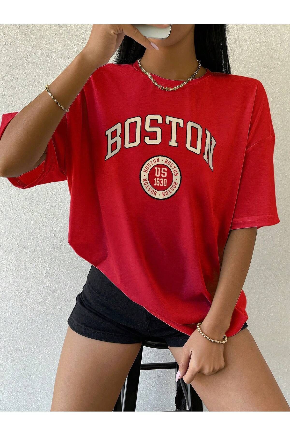 FoxSkin Sportswear&Company Boston Logo Tişört - Kırmızı Baskılı Oversize Yazlık Kısa Kol T-Shirt Bisiklet Yaka
