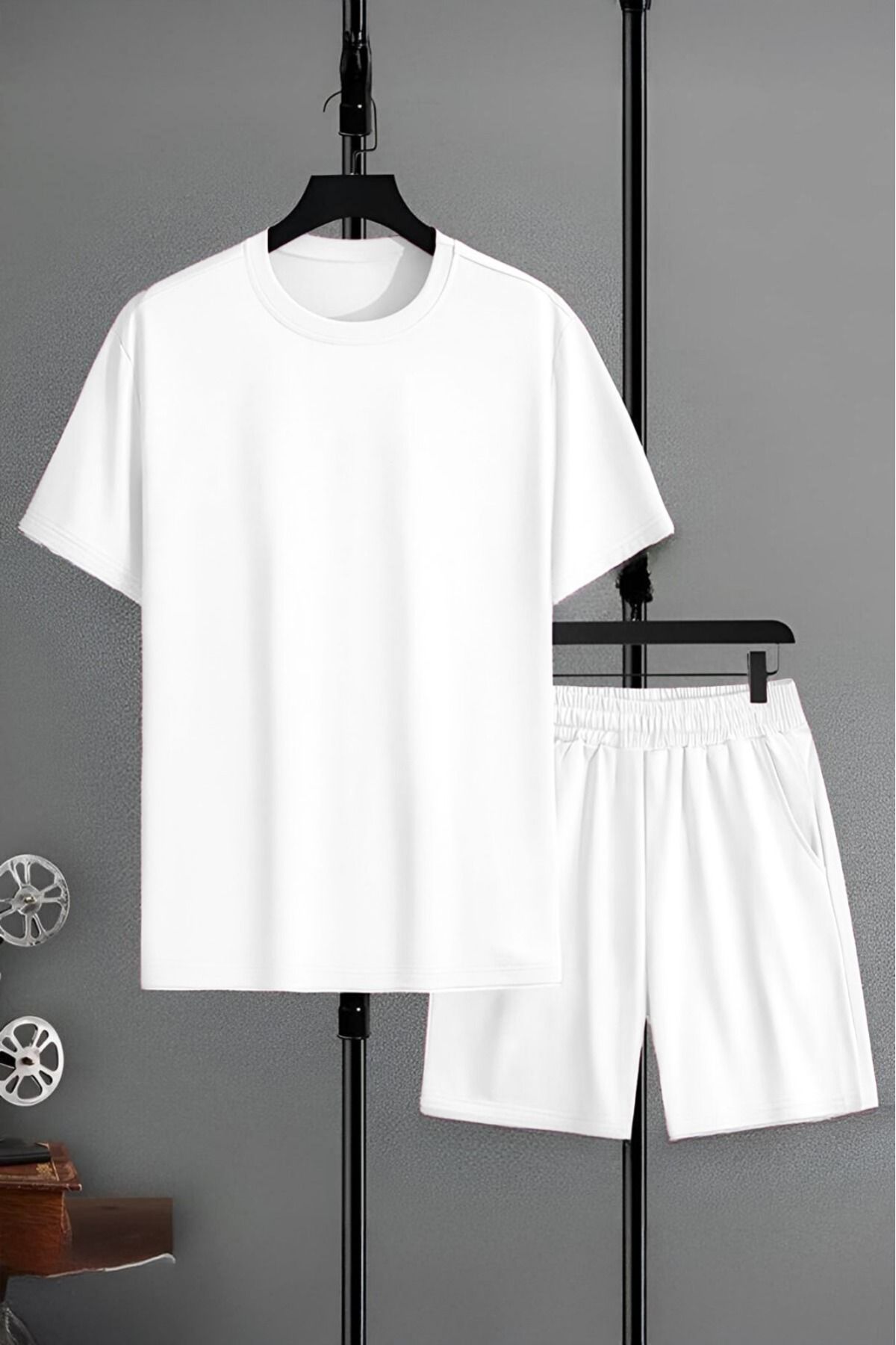 FoxSkin Sportswear&Company Beyaz Basic T-Shirt Şort - Alt Üst Takım Şort Tişört Kombin Bisiklet Yaka