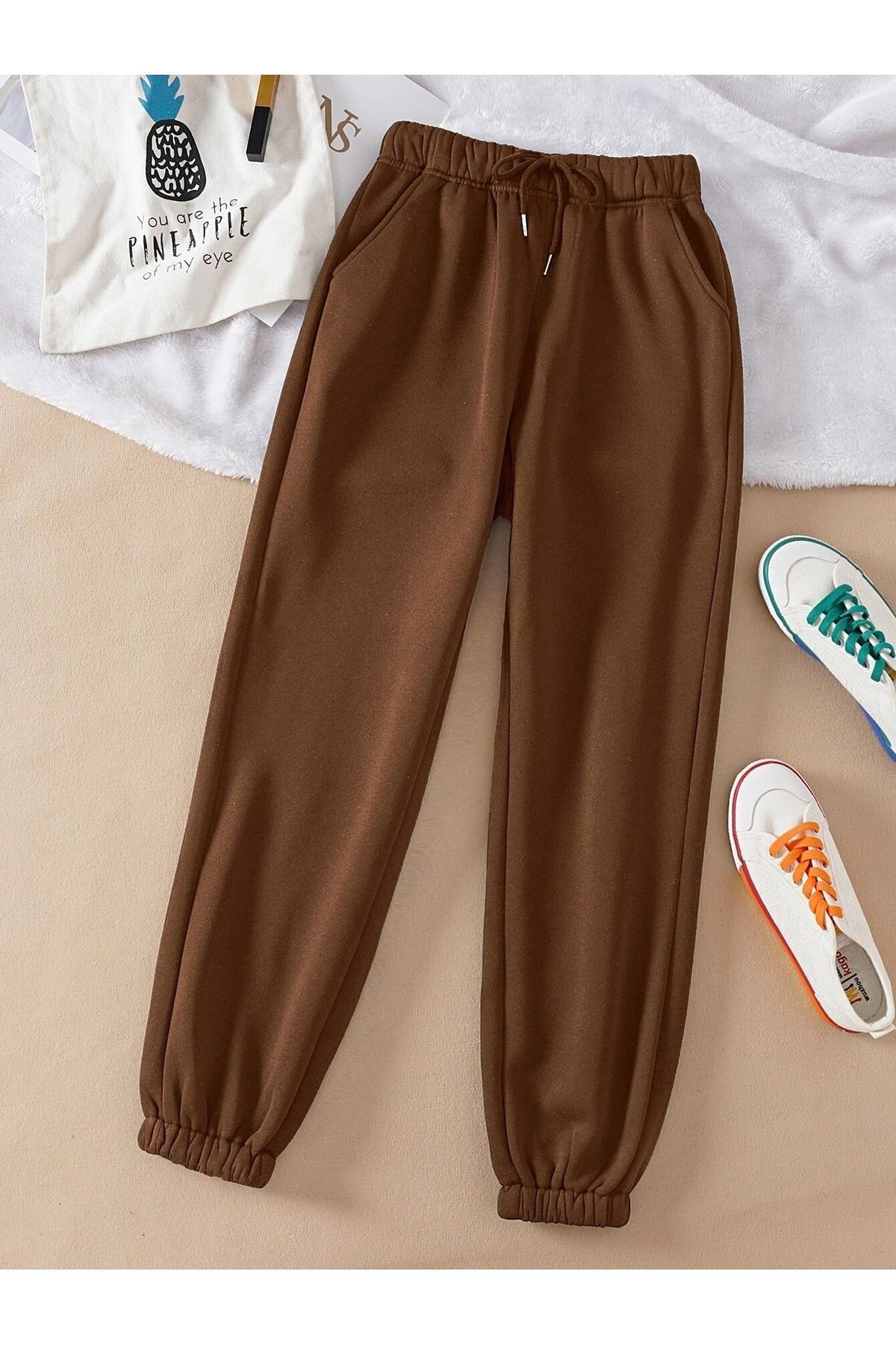 FoxSkin Sportswear&Company Baskısız Eşofman Altı Jogger - Kahverengi Lastik Paça Yüksek Bel Kışlık