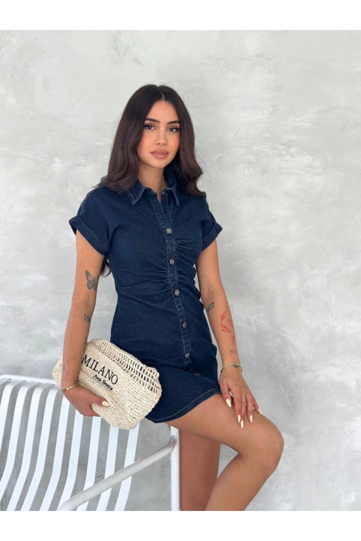 pazarella Kısa Kolu Mini Kot Kumaşından Likralı Elbise - Lacivert