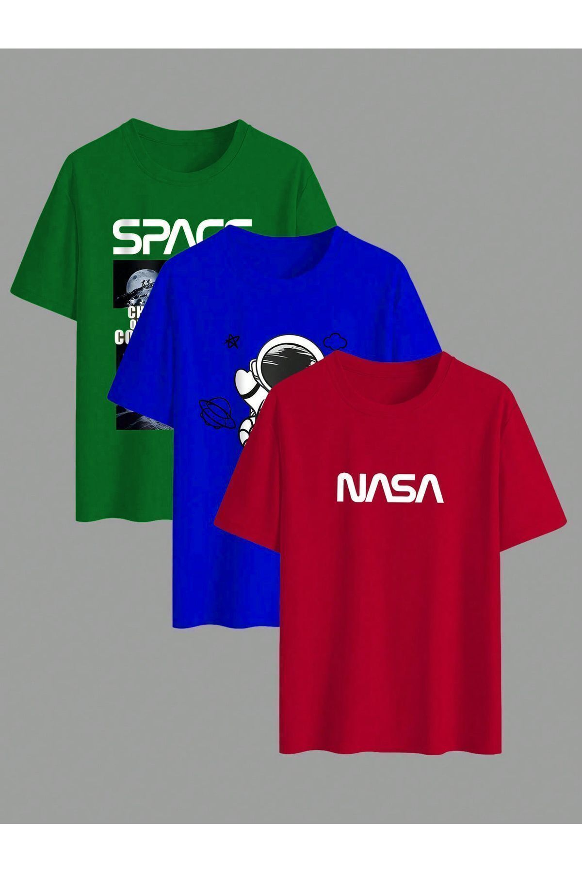 FoxSkin Sportswear&Company 3'lü Space Nasa Tişört - Nefti Yeşil Sax Mavi Kırmızı Baskılı Oversize Yazlık T-Shirt Bisiklet Yaka