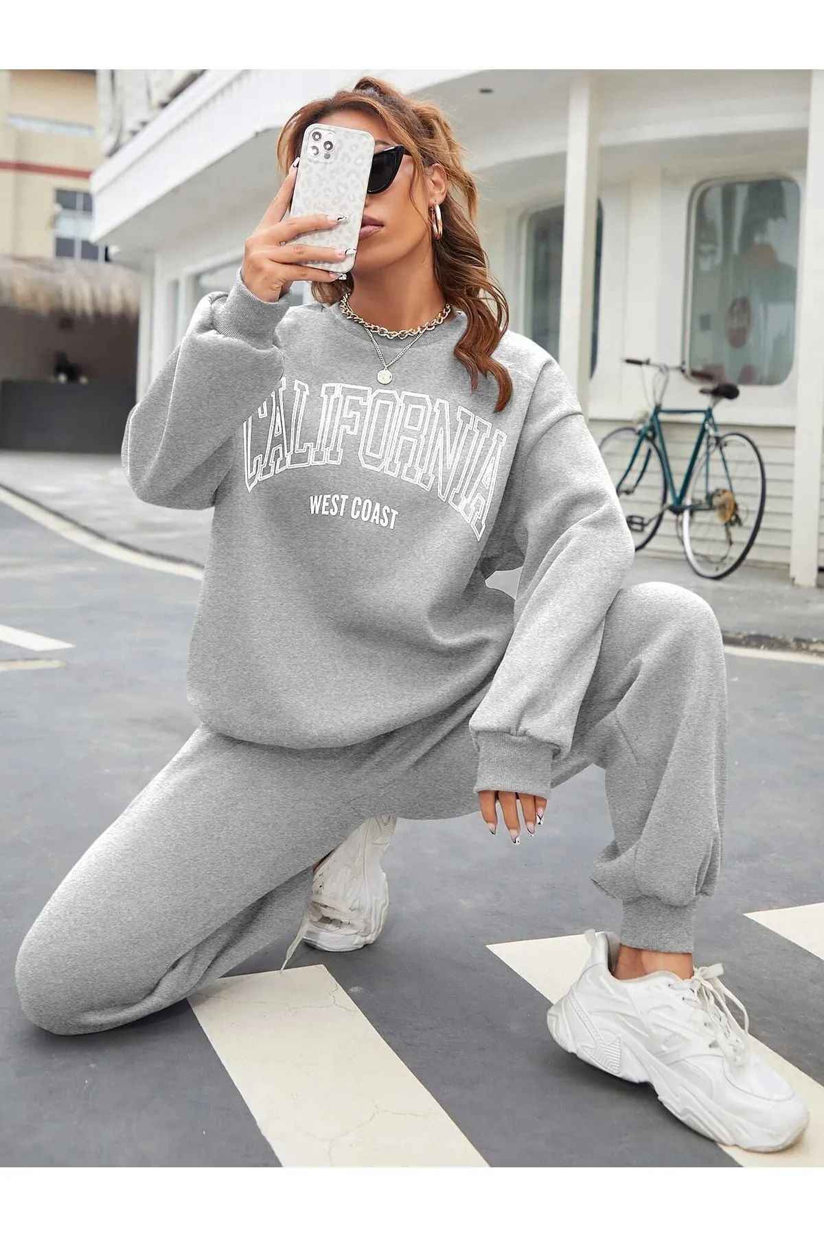 FoxSkin Sportswear&Company Gri Californıa West Coast Baskılı Oversize Alt Üst Eşofman Takımı Lastik Paça