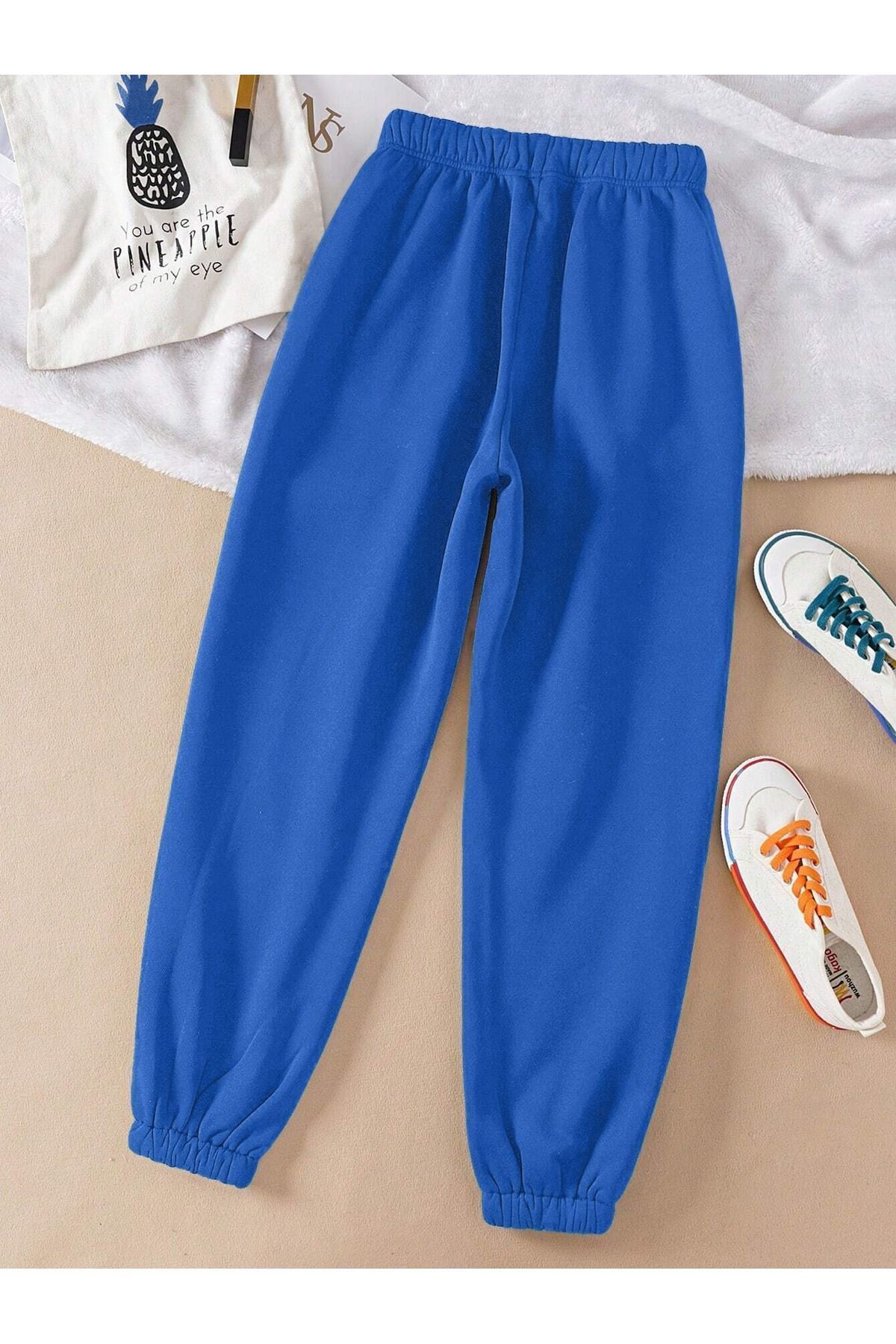 FoxSkin Sportswear&Company Unisex Baskısız Eşofman Altı Jogger - Sax Mavi Lastik Paça Yüksek Bel Kışlık