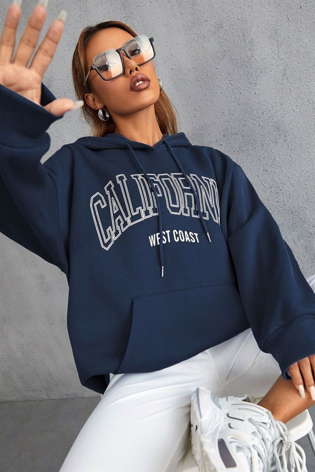 FoxSkin Sportswear&Company Unisex California Baskılı Kapüşonlu 2 Iplik Oversıze Sweatshirt Hoodie