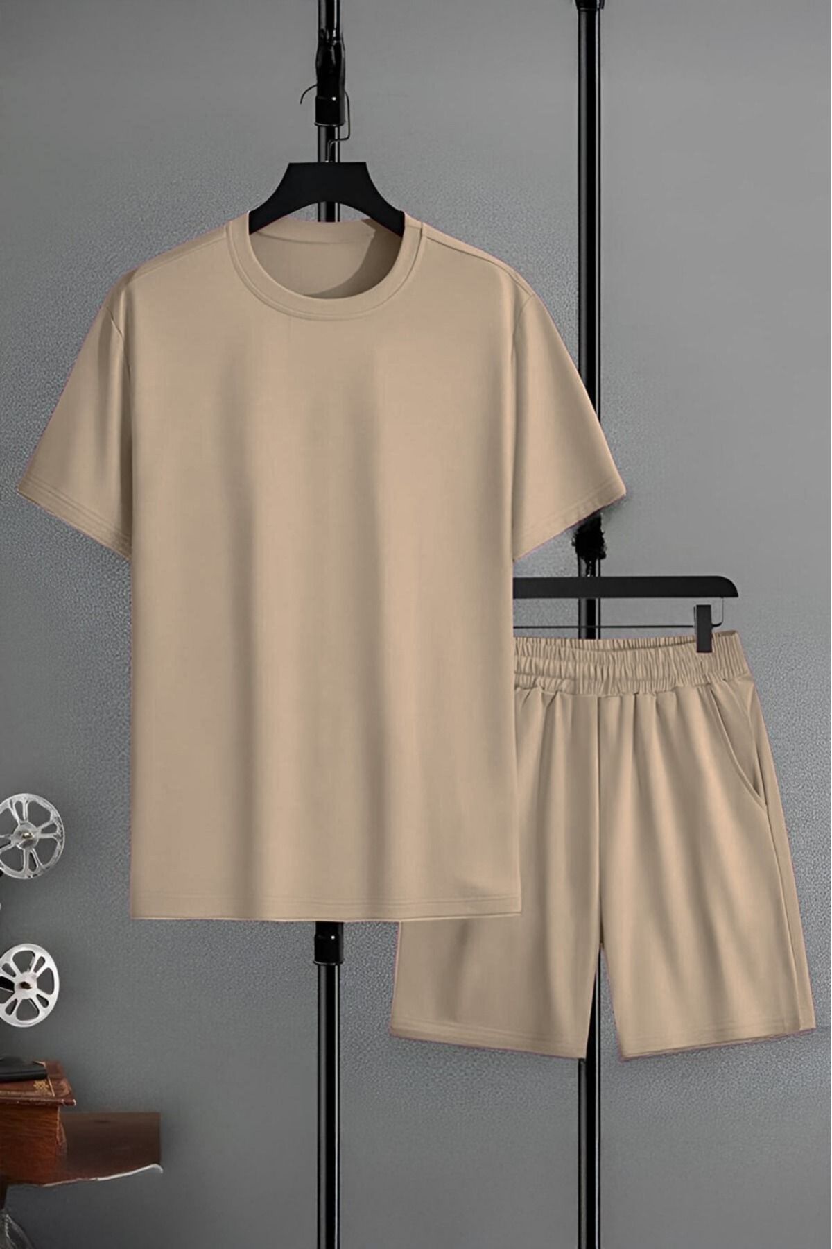 FoxSkin Sportswear&Company Bej Basic T-Shirt Şort - Alt Üst Takım Şort Tişört Kombin Bisiklet Yaka