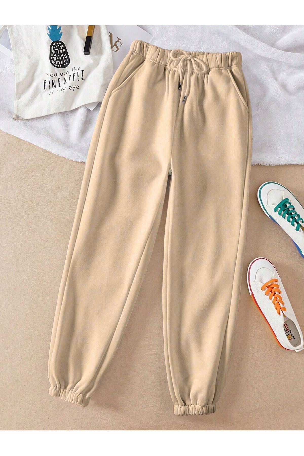 FoxSkin Sportswear&Company Baskısız Eşofman Altı Jogger - Bej Lastik Paça Yüksek Bel Kışlık