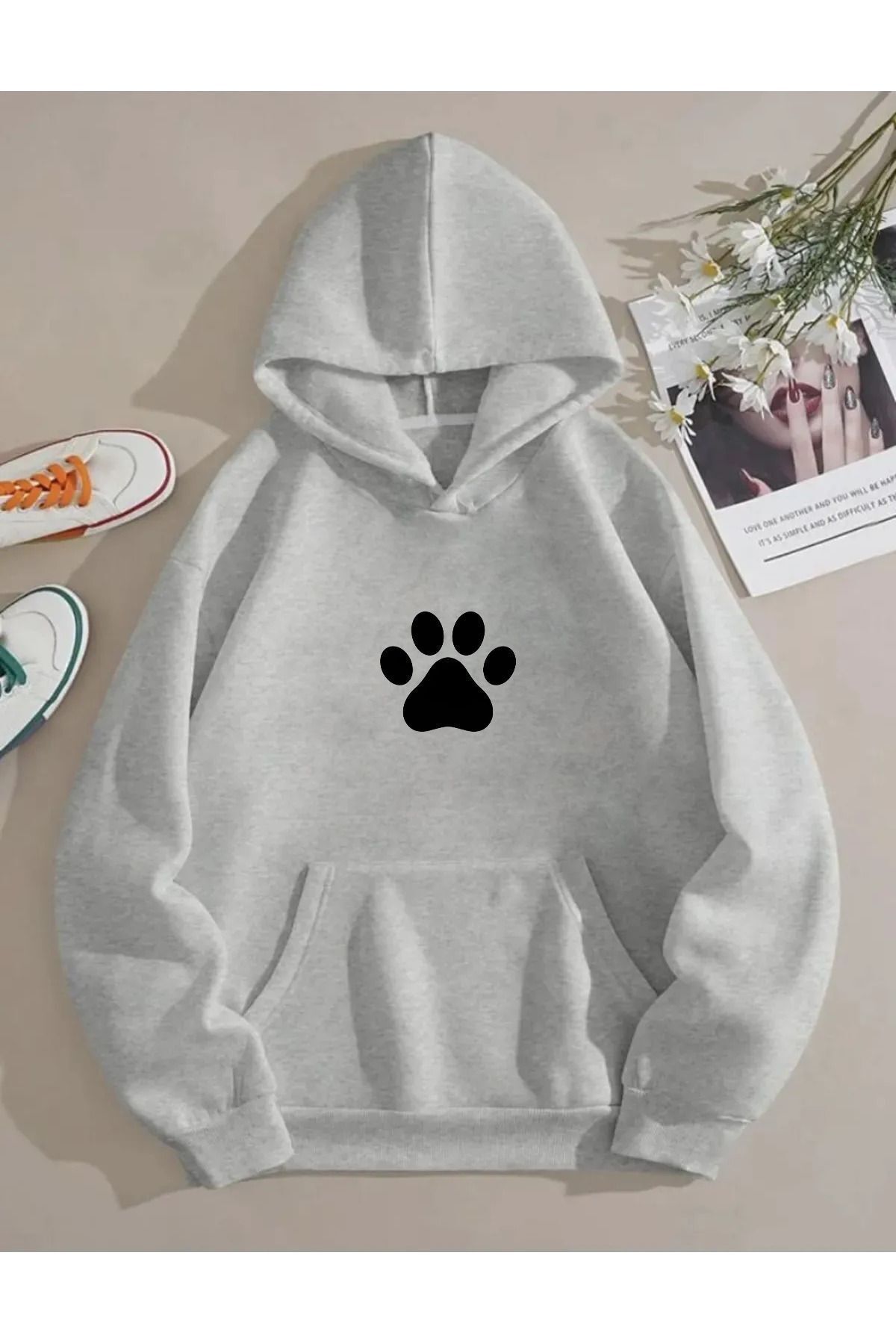 FoxSkin Sportswear&Company UNISEX Black Paw Baskılı Kapüşonlu Oversıze Sweatshirt Hoodie