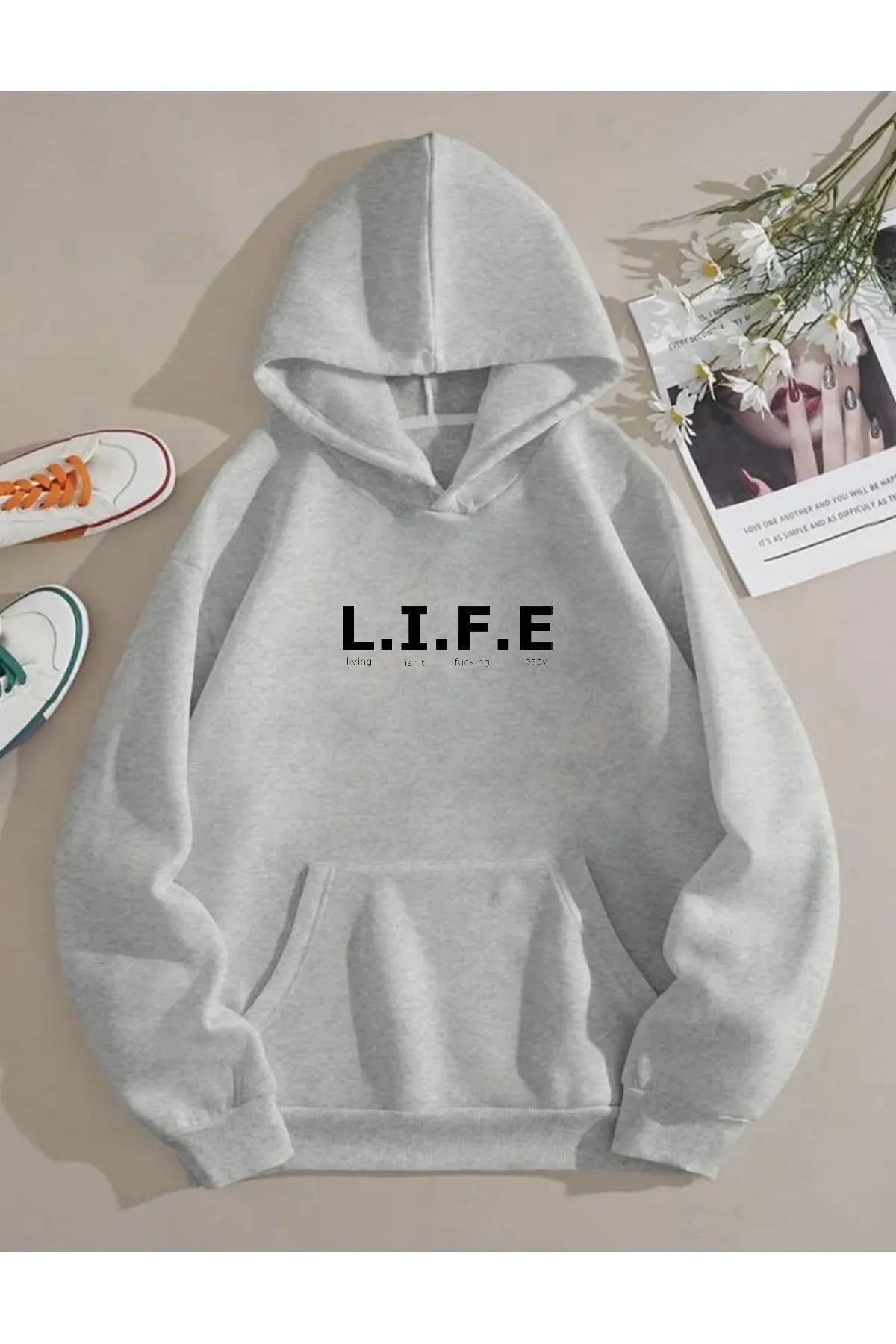 FoxSkin Sportswear&Company UNISEX L.I.F.E Baskılı Kapüşonlu Oversıze Sweatshirt Hoodie