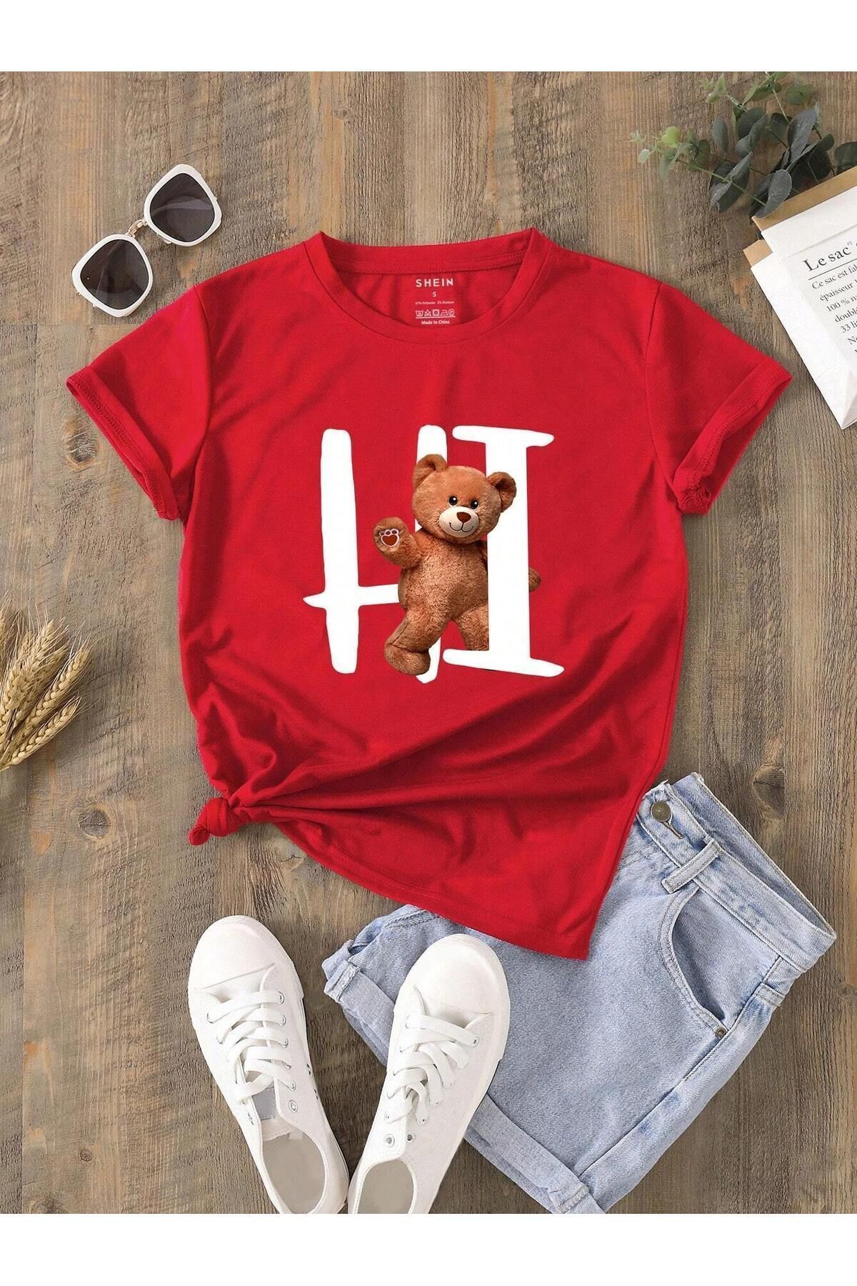 FoxSkin Sportswear&Company Hi Bear Tişört - Kırmızı Baskılı Oversize Yazlık Kısa Kol T-Shirt Bisiklet Yaka