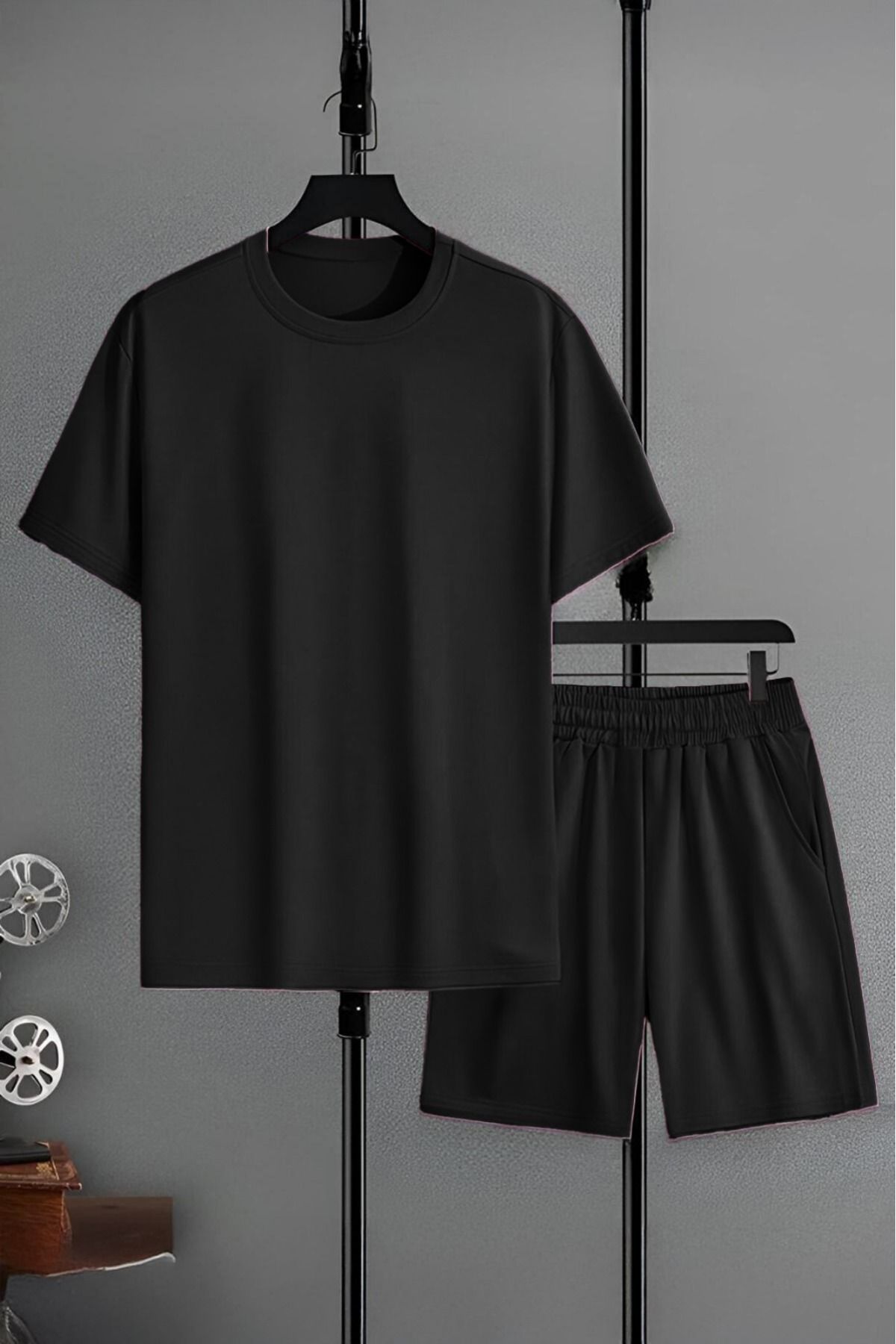 FoxSkin Sportswear&Company Siyah Basic T-Shirt Şort - Alt Üst Takım Şort Tişört Kombin Bisiklet Yaka