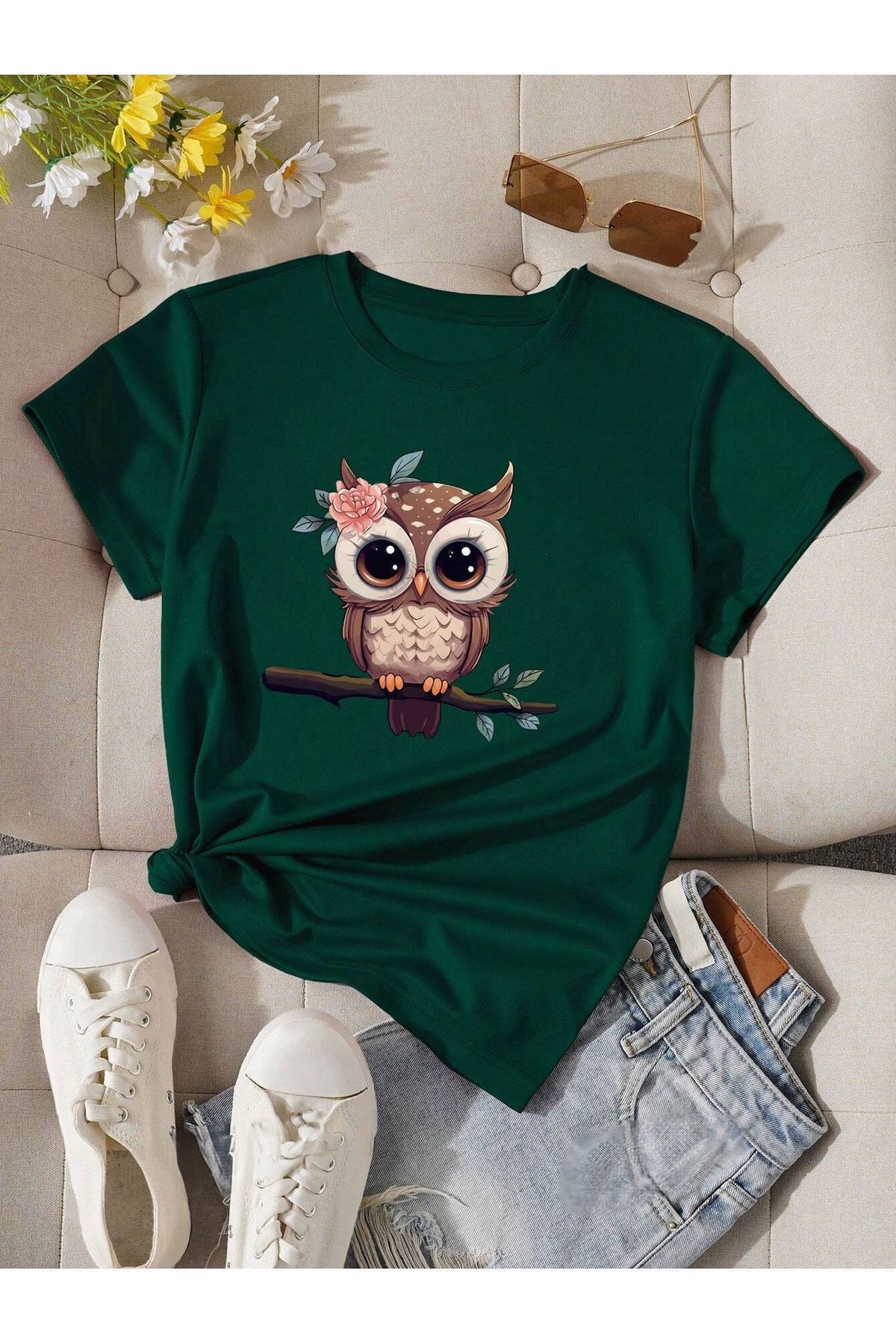 FoxSkin Sportswear&Company Sevimli Baykuş Tişört - Nefti Yeşil Baskılı Oversize Yazlık Kısa Kol T-Shirt Bisiklet Yaka