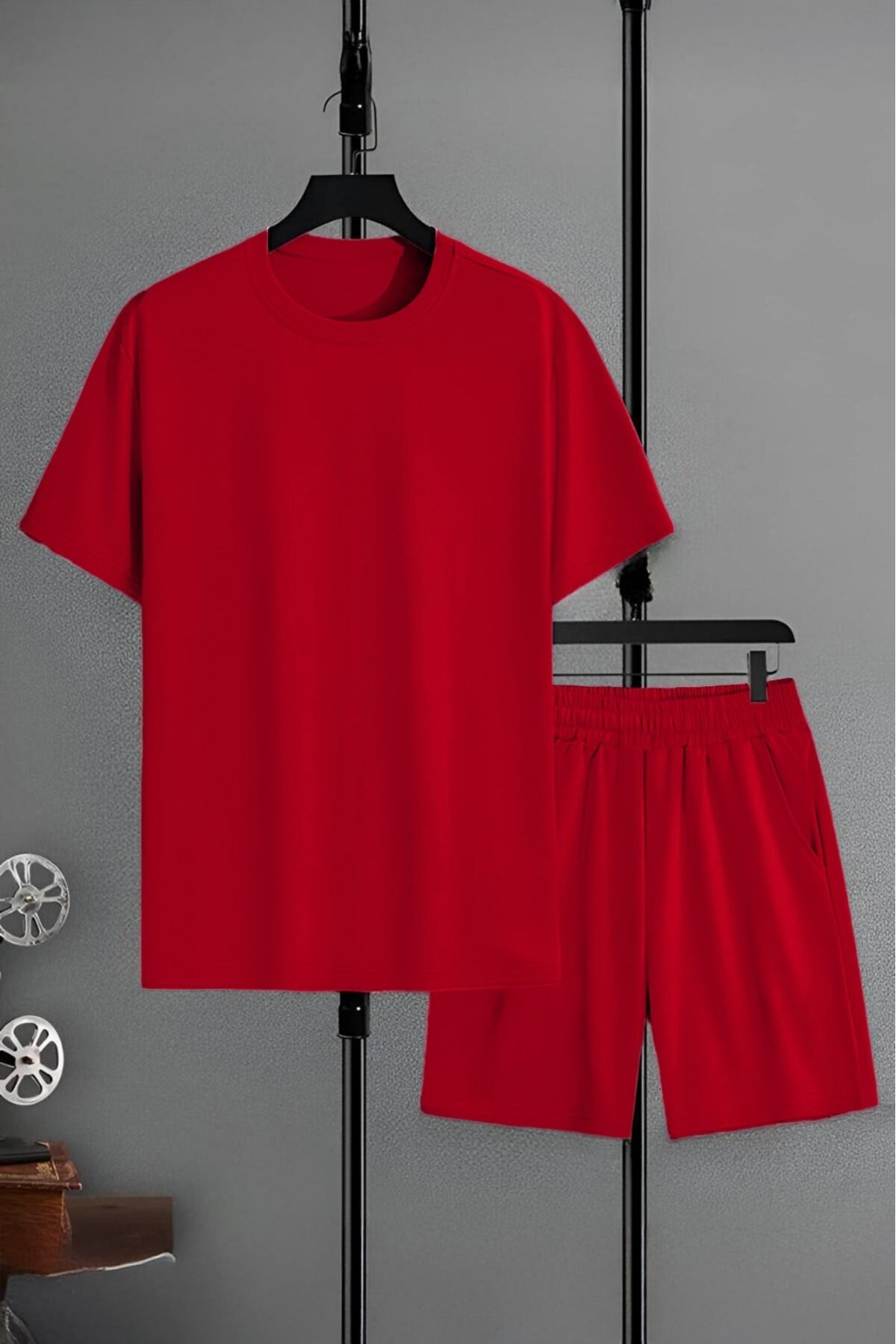 FoxSkin Sportswear&Company Kırmızı Basic T-Shirt Şort - Alt Üst Takım Şort Tişört Kombin Bisiklet Yaka