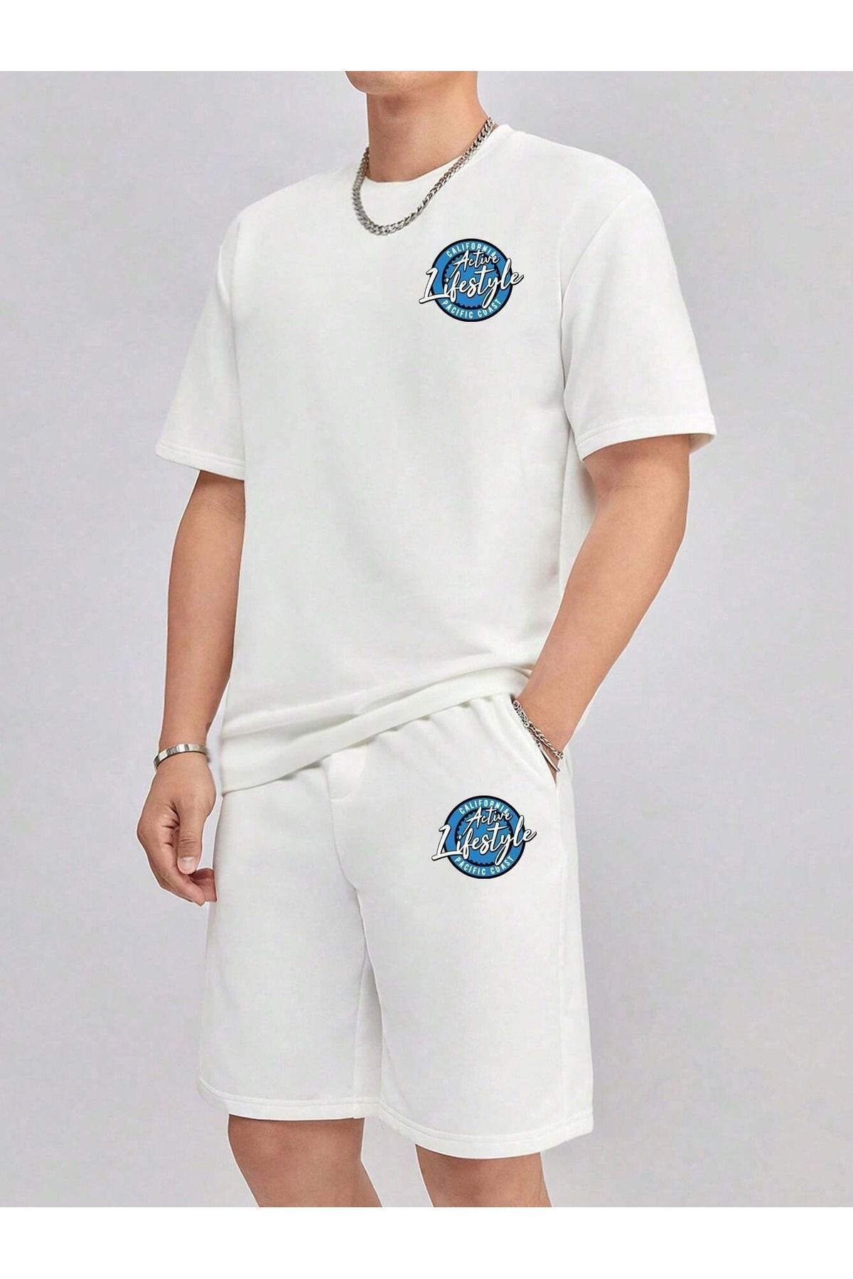 FoxSkin Sportswear&Company Active Lifestyle T-Shirt Şort - Beyaz Alt Üst Takım Şort Tişört Kombin Baskılı Bisiklet Yaka